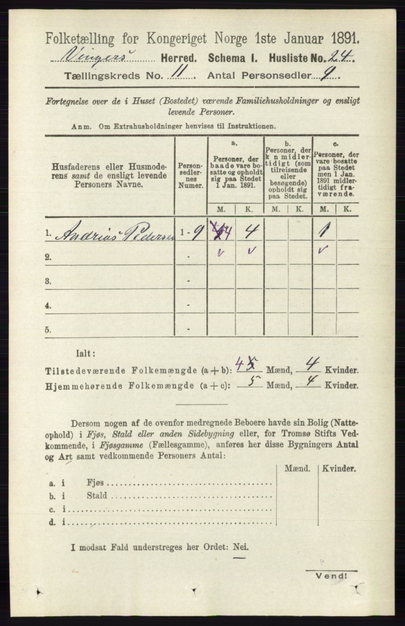 RA, 1891 census for 0421 Vinger, 1891, p. 5305