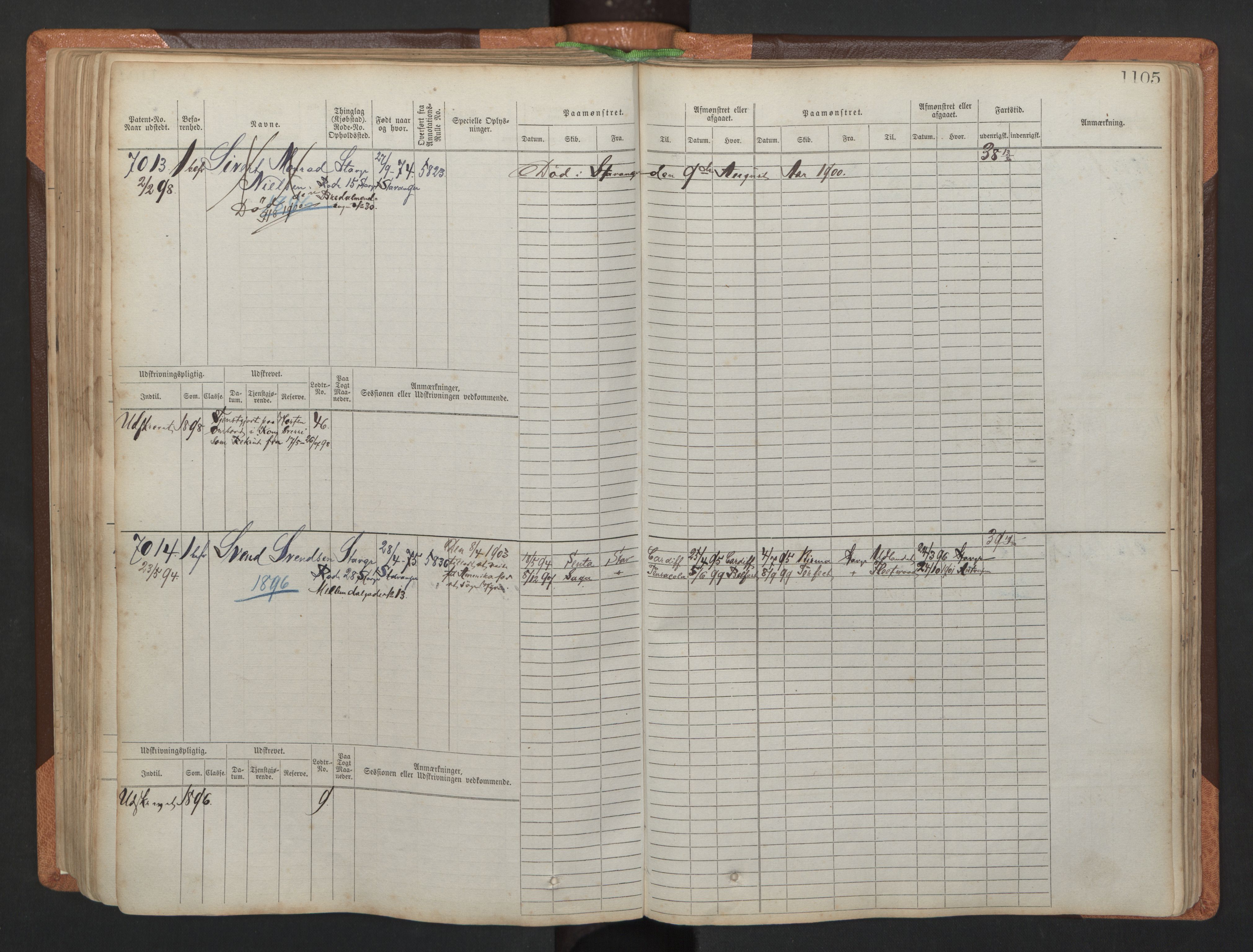 Stavanger sjømannskontor, AV/SAST-A-102006/F/Fb/Fbb/L0011: Sjøfartshovedrulle, patentnr. 6607-7206 (del 2), 1887-1896, p. 208