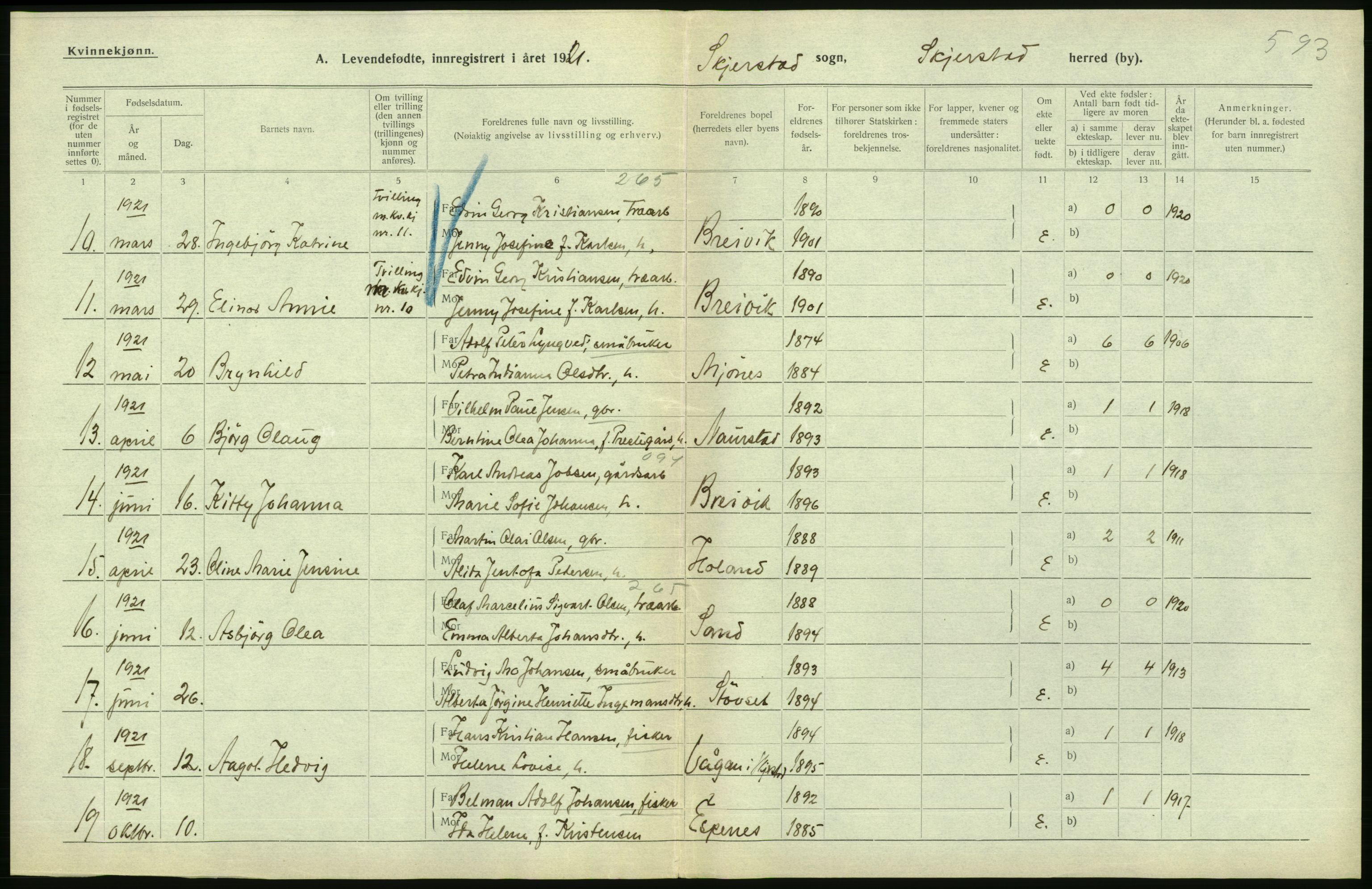 Statistisk sentralbyrå, Sosiodemografiske emner, Befolkning, AV/RA-S-2228/D/Df/Dfc/Dfca/L0049: Nordland fylke: Levendefødte menn og kvinner. Bygder., 1921, p. 186