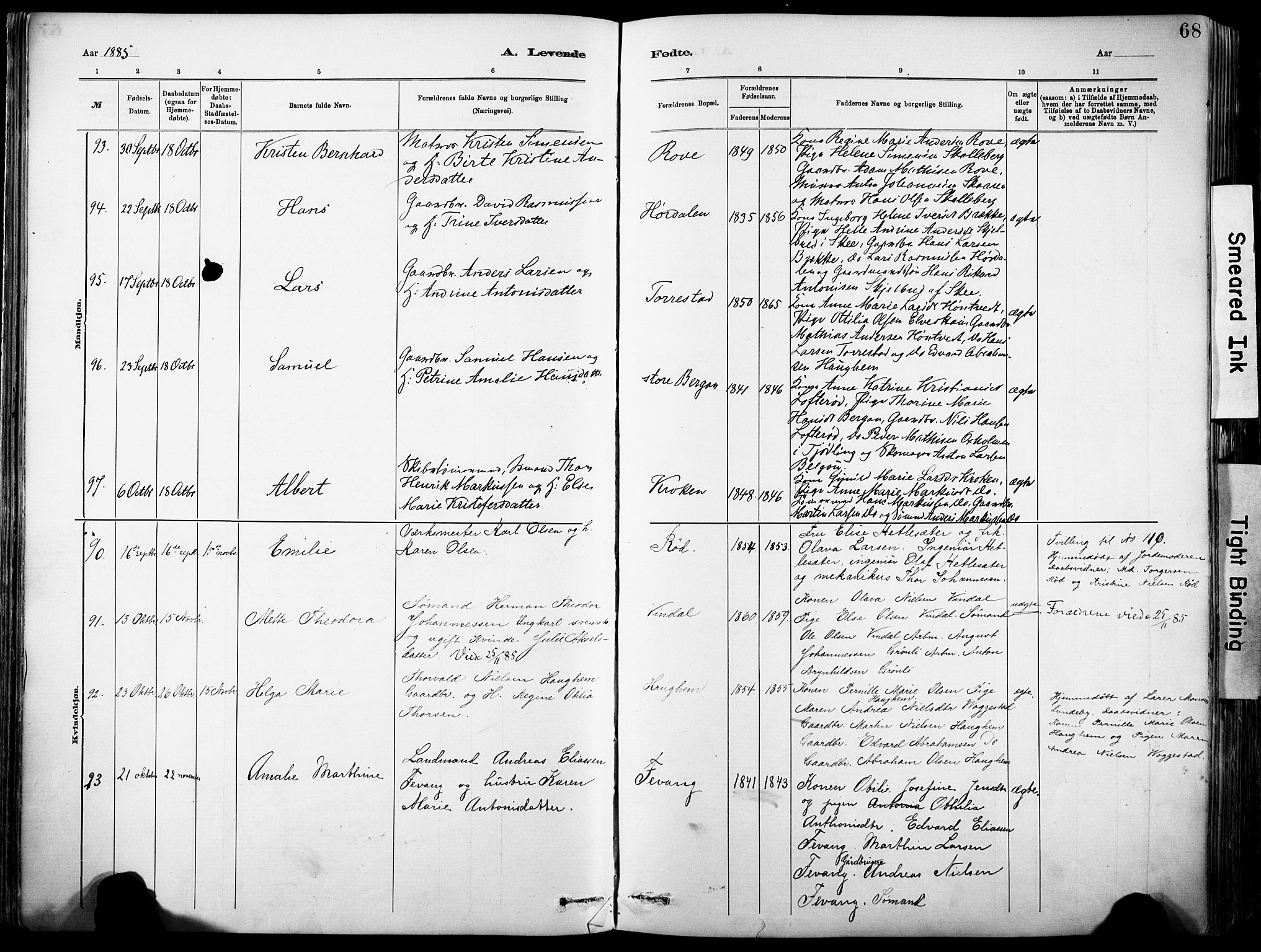 Sandar kirkebøker, SAKO/A-243/F/Fa/L0012: Parish register (official) no. 12, 1883-1895, p. 68