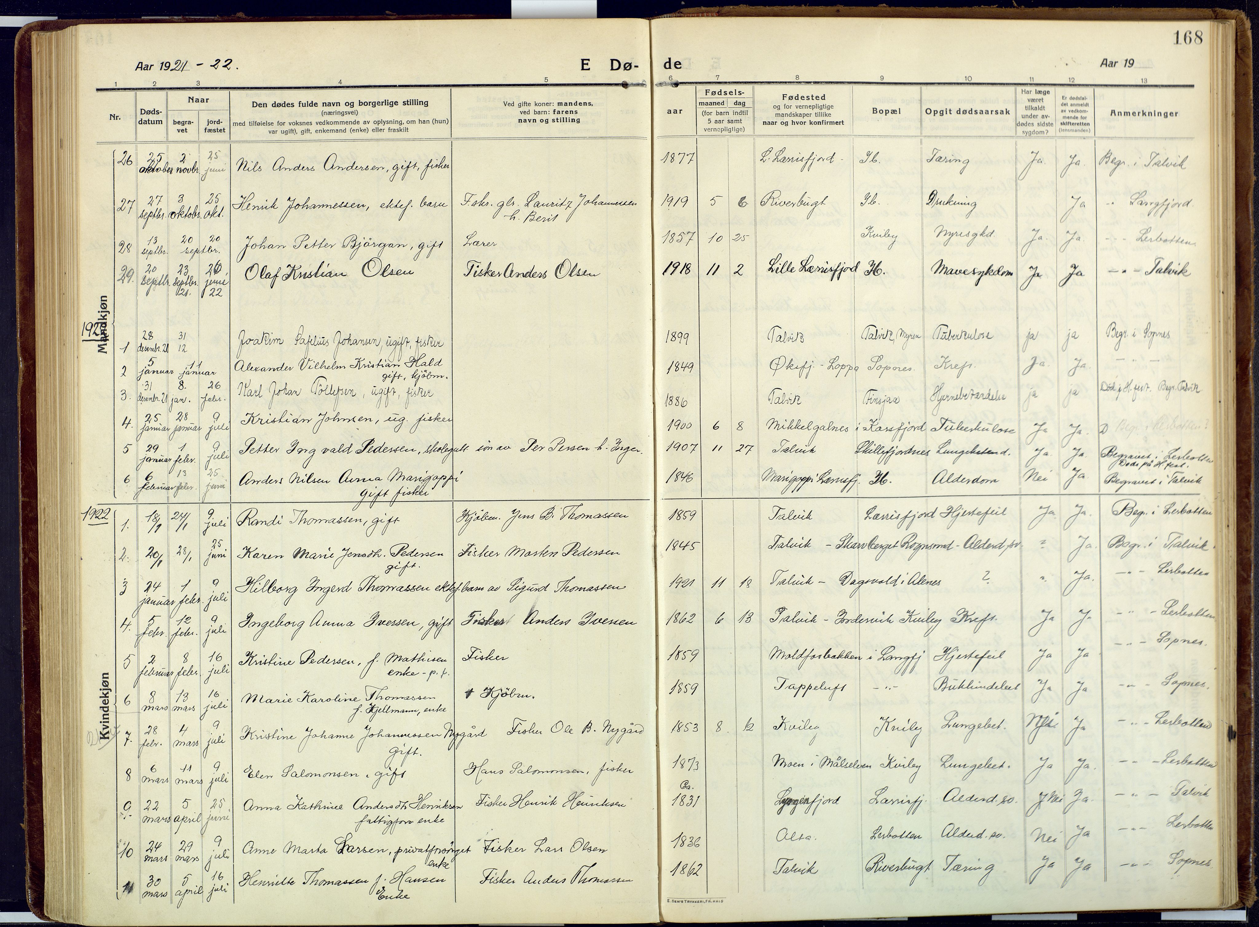 Talvik sokneprestkontor, SATØ/S-1337/H/Ha/L0018kirke: Parish register (official) no. 18, 1915-1924, p. 168