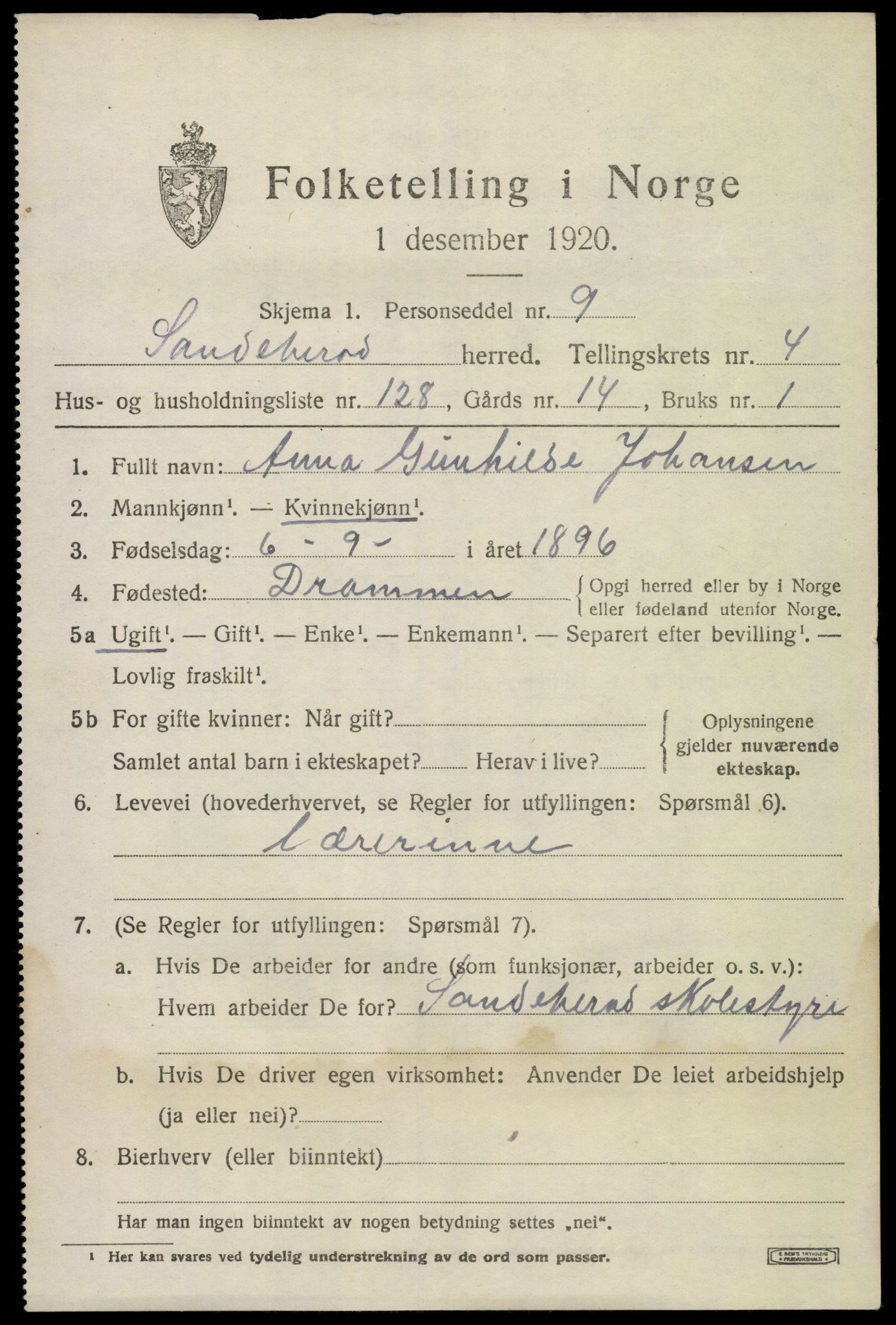 SAKO, 1920 census for Sandeherred, 1920, p. 8048