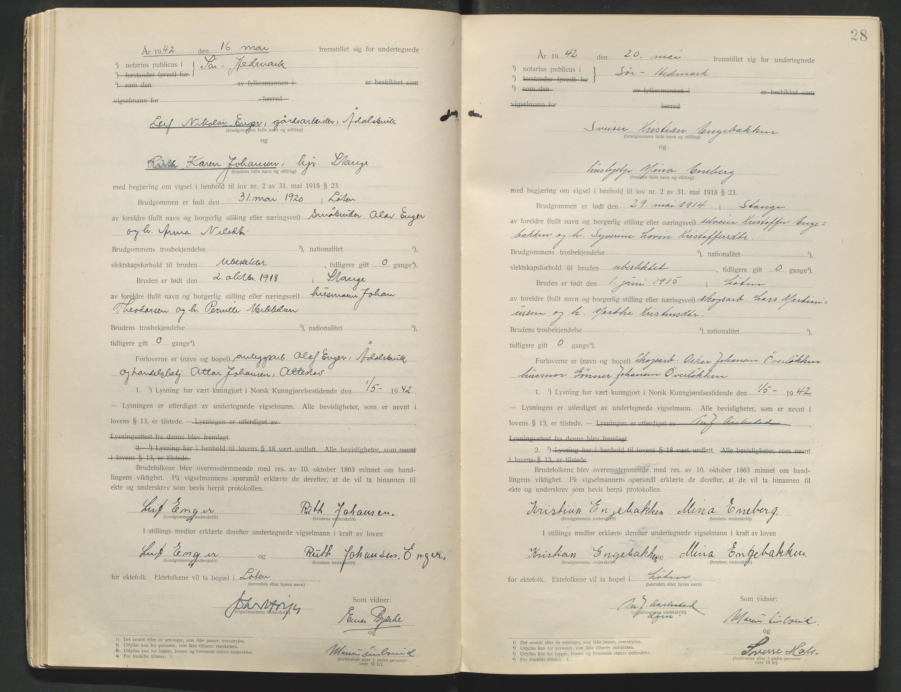 Sør-Hedmark sorenskriveri, AV/SAH-TING-014/L/Le/L0001/0002: Vigselbøker / Vigselbok, 1938-1942, p. 28
