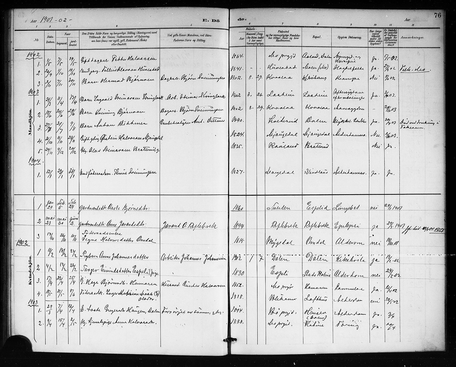 Lårdal kirkebøker, SAKO/A-284/G/Gb/L0003: Parish register (copy) no. II 3, 1889-1920, p. 76