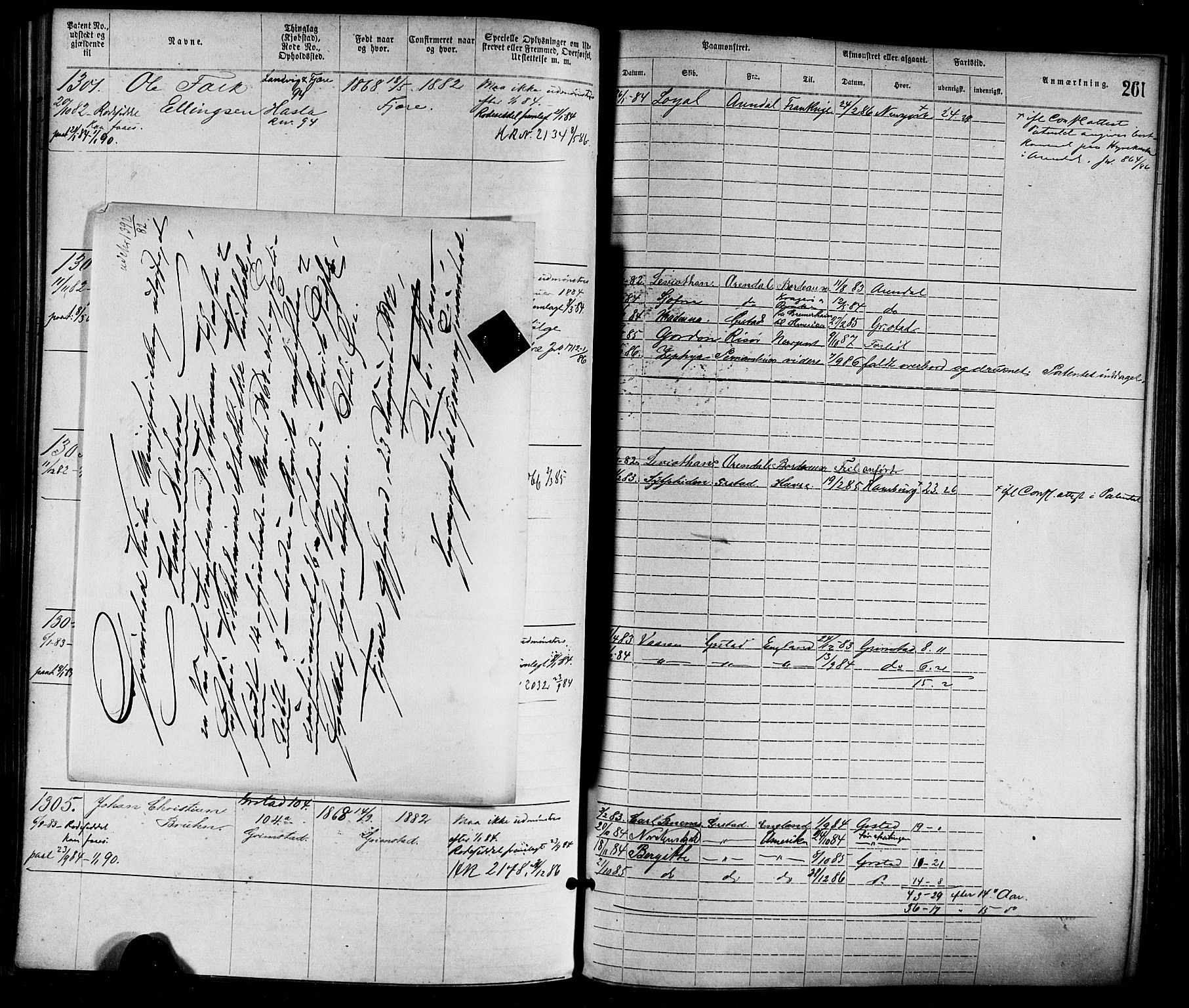 Grimstad mønstringskrets, SAK/2031-0013/F/Fa/L0001: Annotasjonsrulle nr 1-1920 med register, F-1, 1870-1892, p. 292