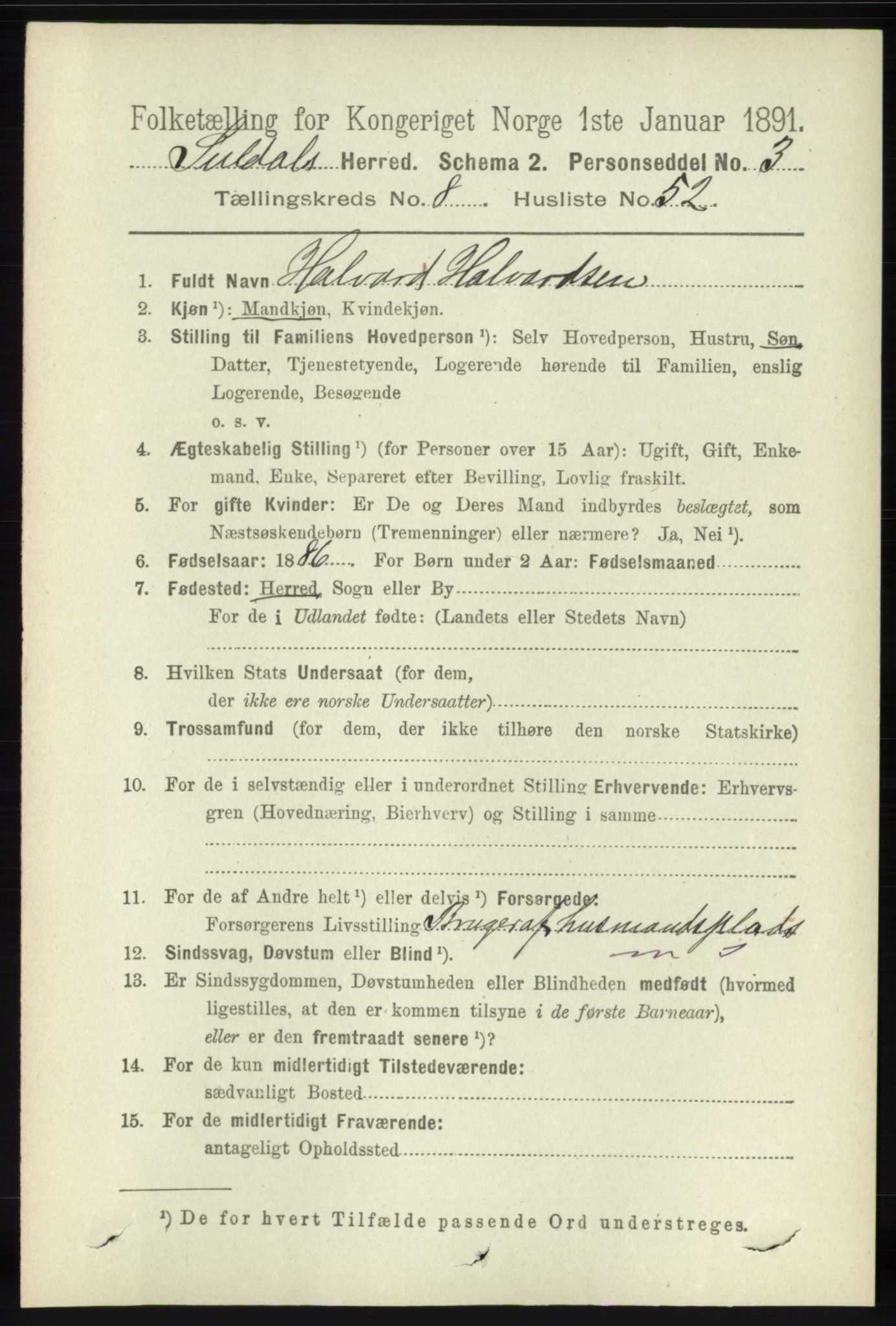 RA, 1891 census for 1134 Suldal, 1891, p. 2611