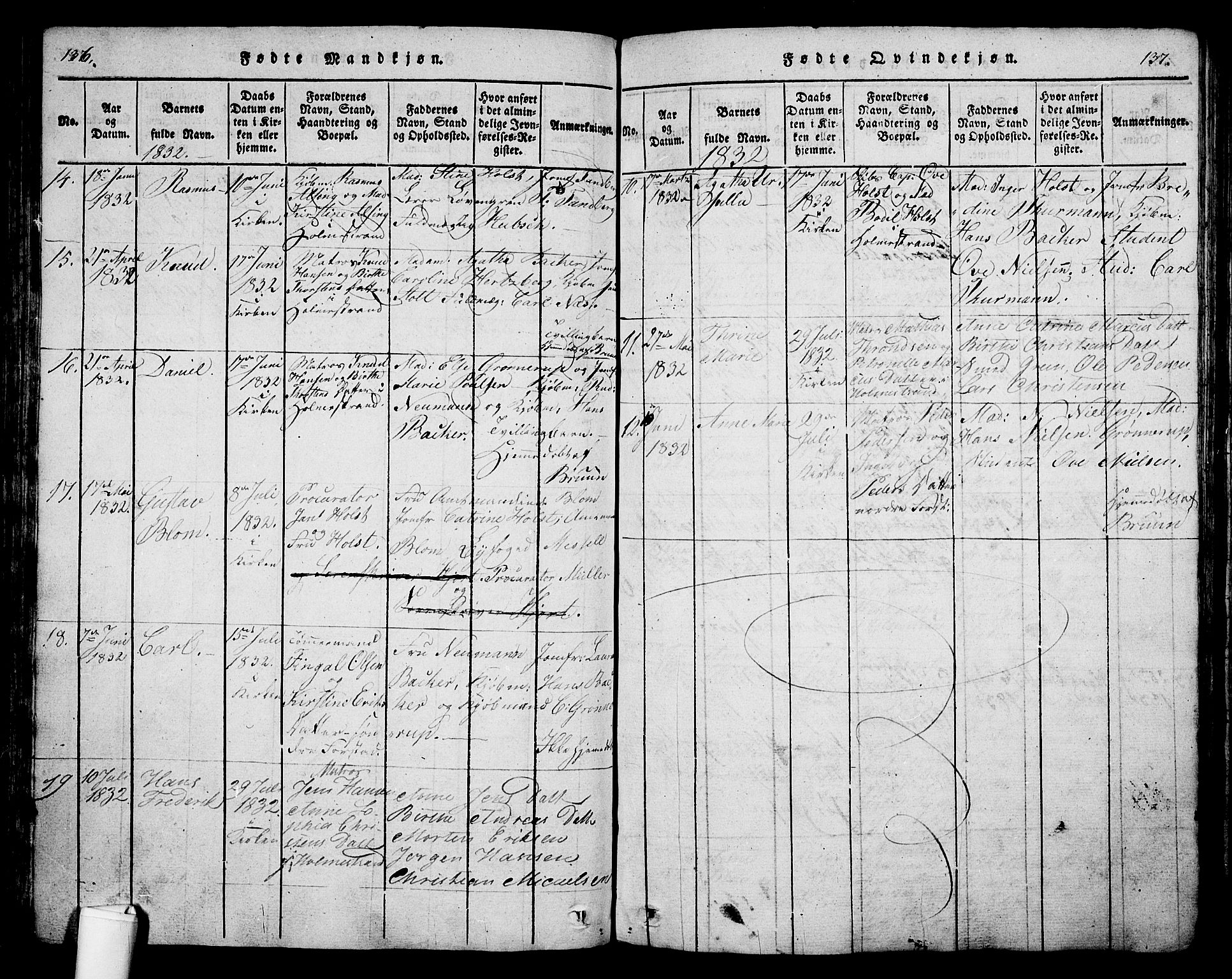 Holmestrand kirkebøker, SAKO/A-346/G/Ga/L0001: Parish register (copy) no. 1, 1814-1848, p. 136-137