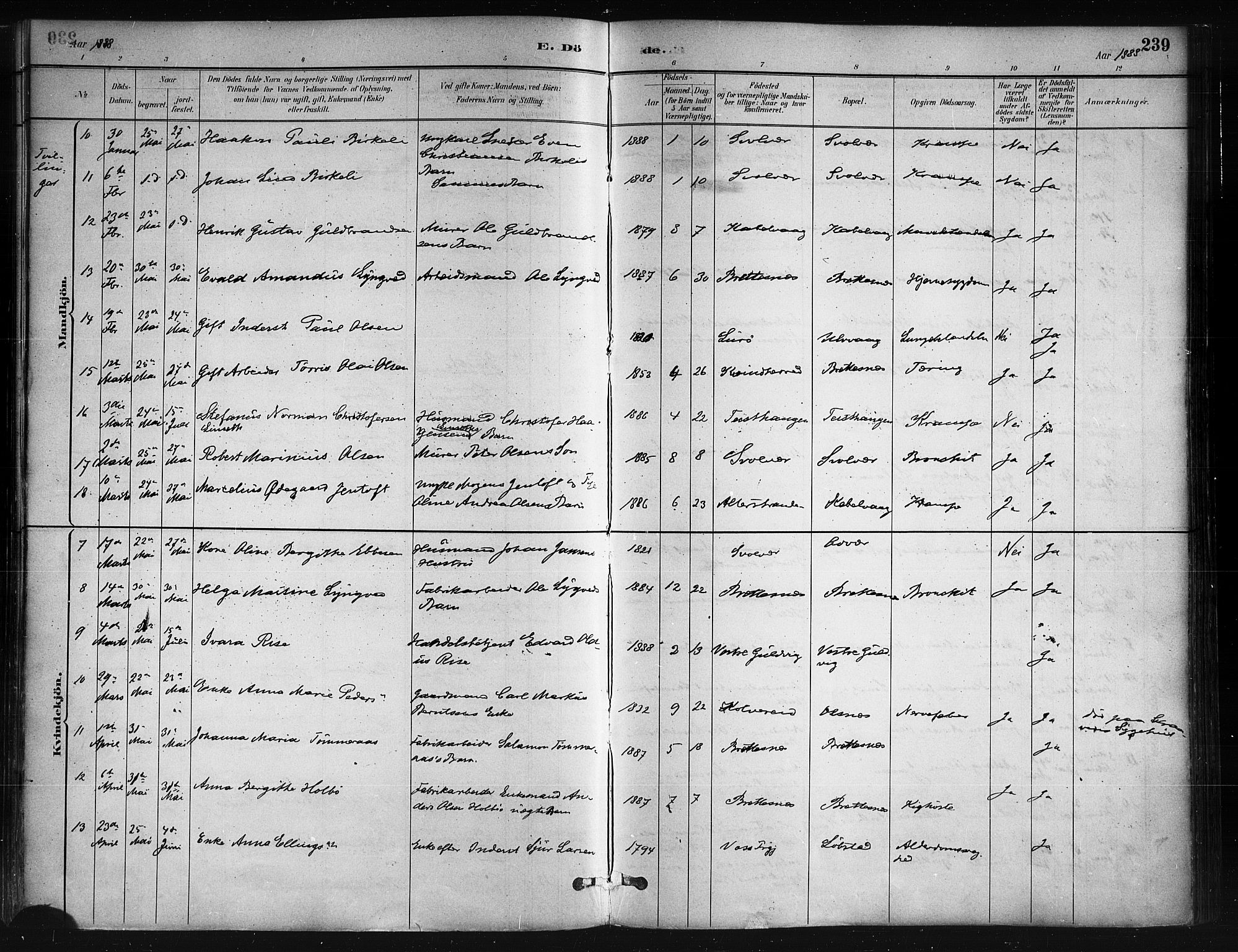 Ministerialprotokoller, klokkerbøker og fødselsregistre - Nordland, SAT/A-1459/874/L1059: Parish register (official) no. 874A03, 1884-1890, p. 239