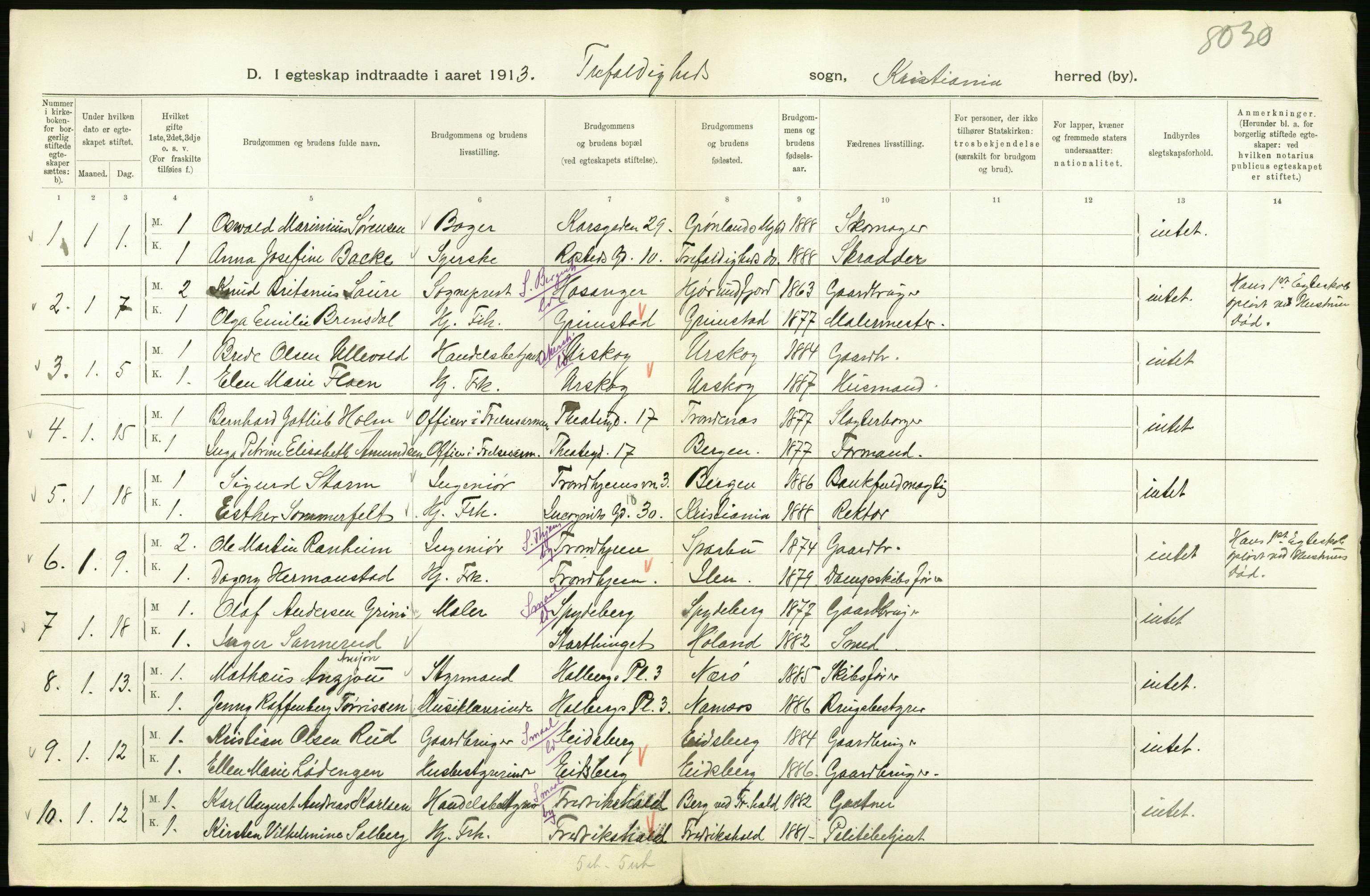 Statistisk sentralbyrå, Sosiodemografiske emner, Befolkning, AV/RA-S-2228/D/Df/Dfb/Dfbc/L0008: Kristiania: Gifte., 1913, p. 710