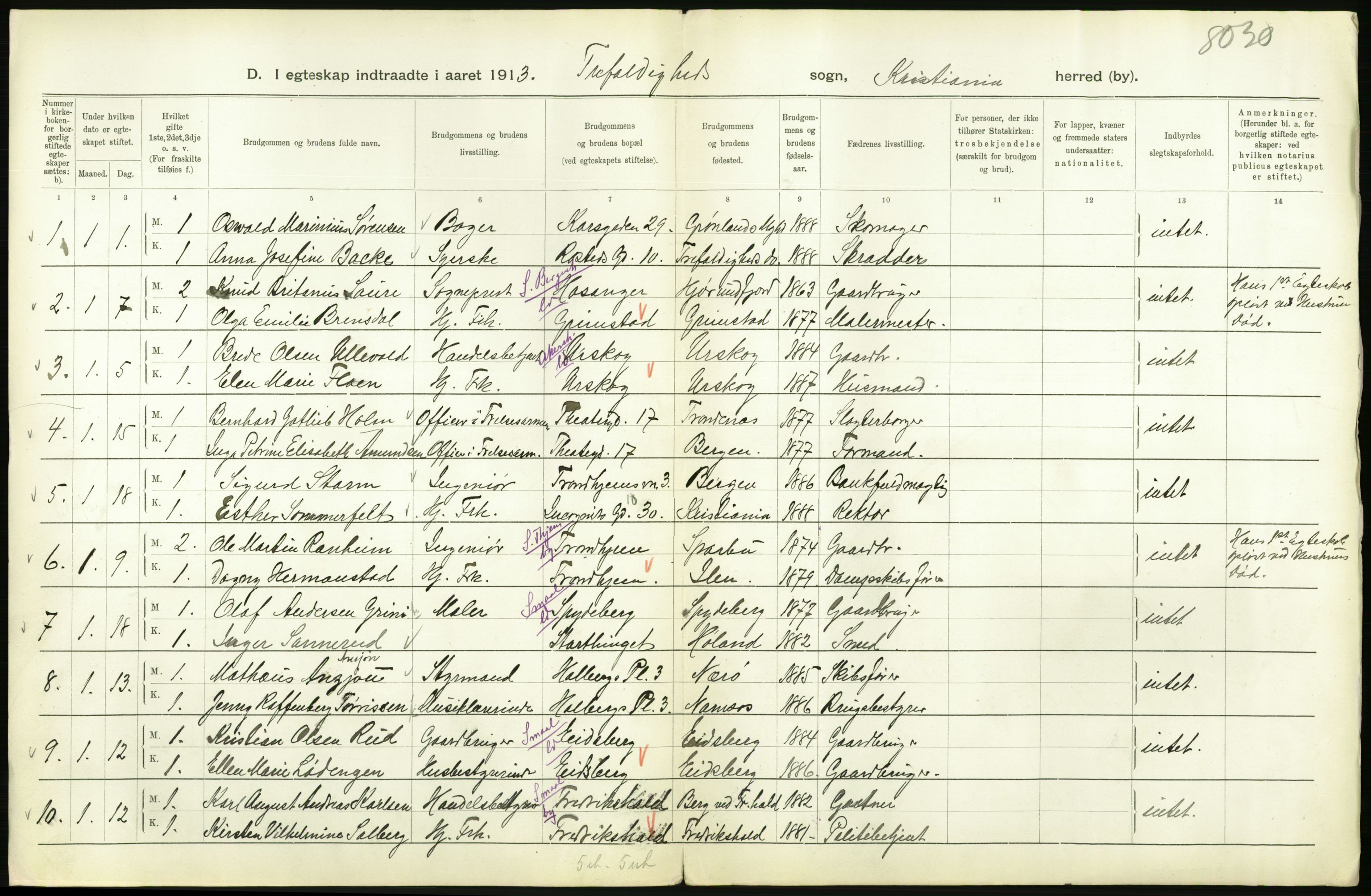 Statistisk sentralbyrå, Sosiodemografiske emner, Befolkning, RA/S-2228/D/Df/Dfb/Dfbc/L0008: Kristiania: Gifte., 1913, p. 710