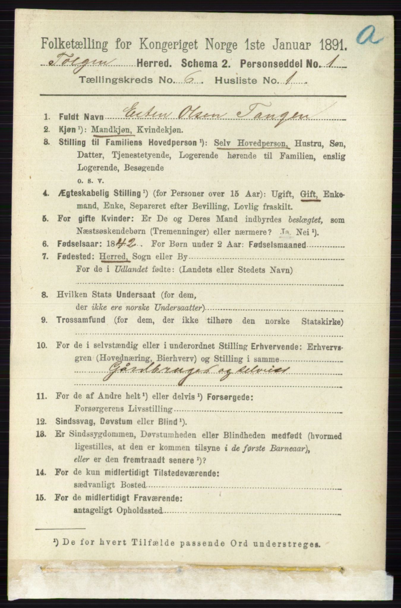 RA, 1891 census for 0436 Tolga, 1891, p. 1645