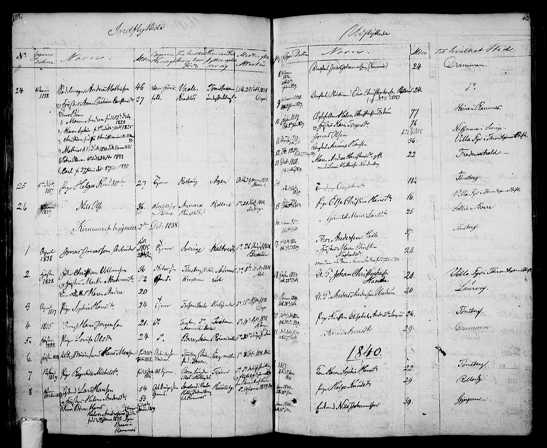 Sem kirkebøker, SAKO/A-5/F/Fa/L0005: Parish register (official) no. I 5, 1825-1842, p. 604-605