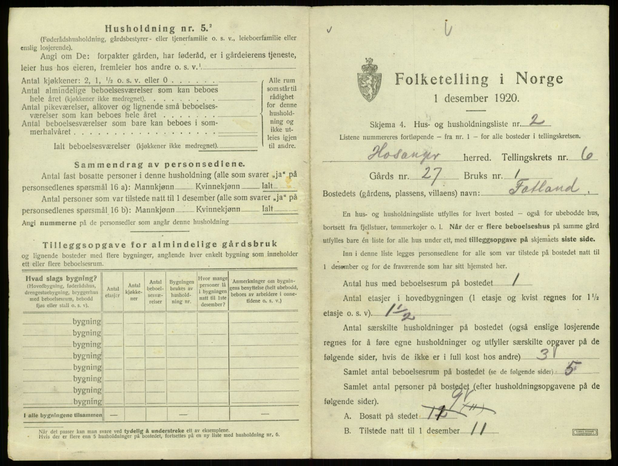 SAB, 1920 census for Hosanger, 1920, p. 318