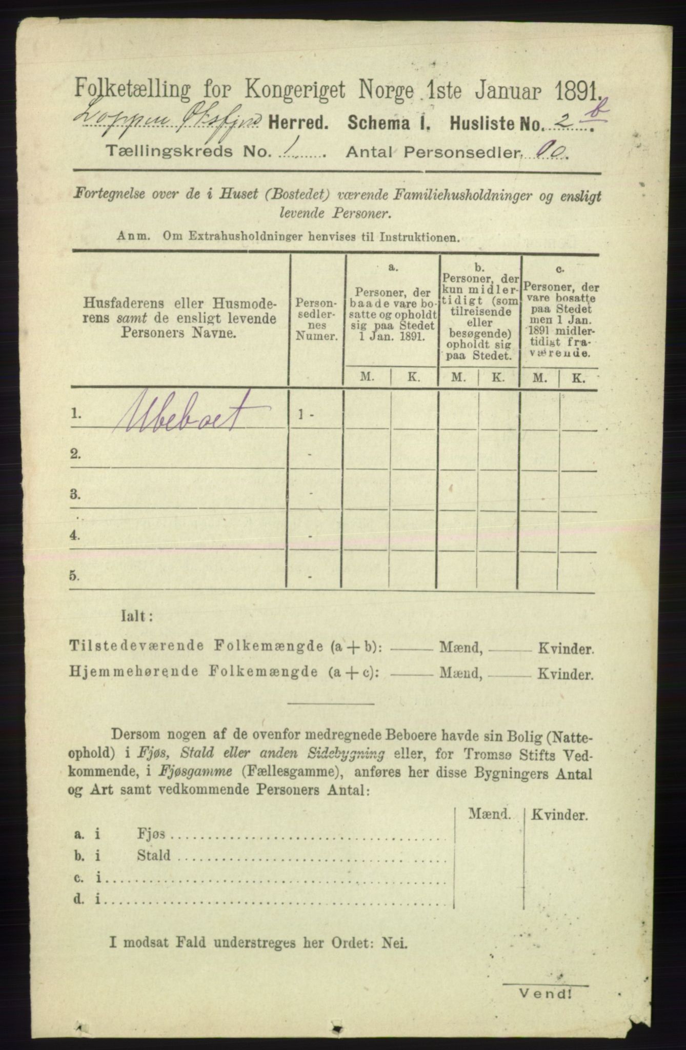 RA, 1891 census for 2014 Loppa, 1891, p. 18