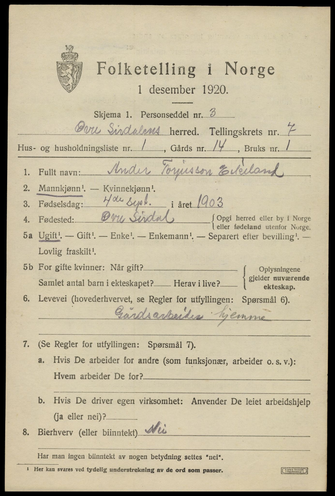 SAK, 1920 census for Øvre Sirdal, 1920, p. 1183