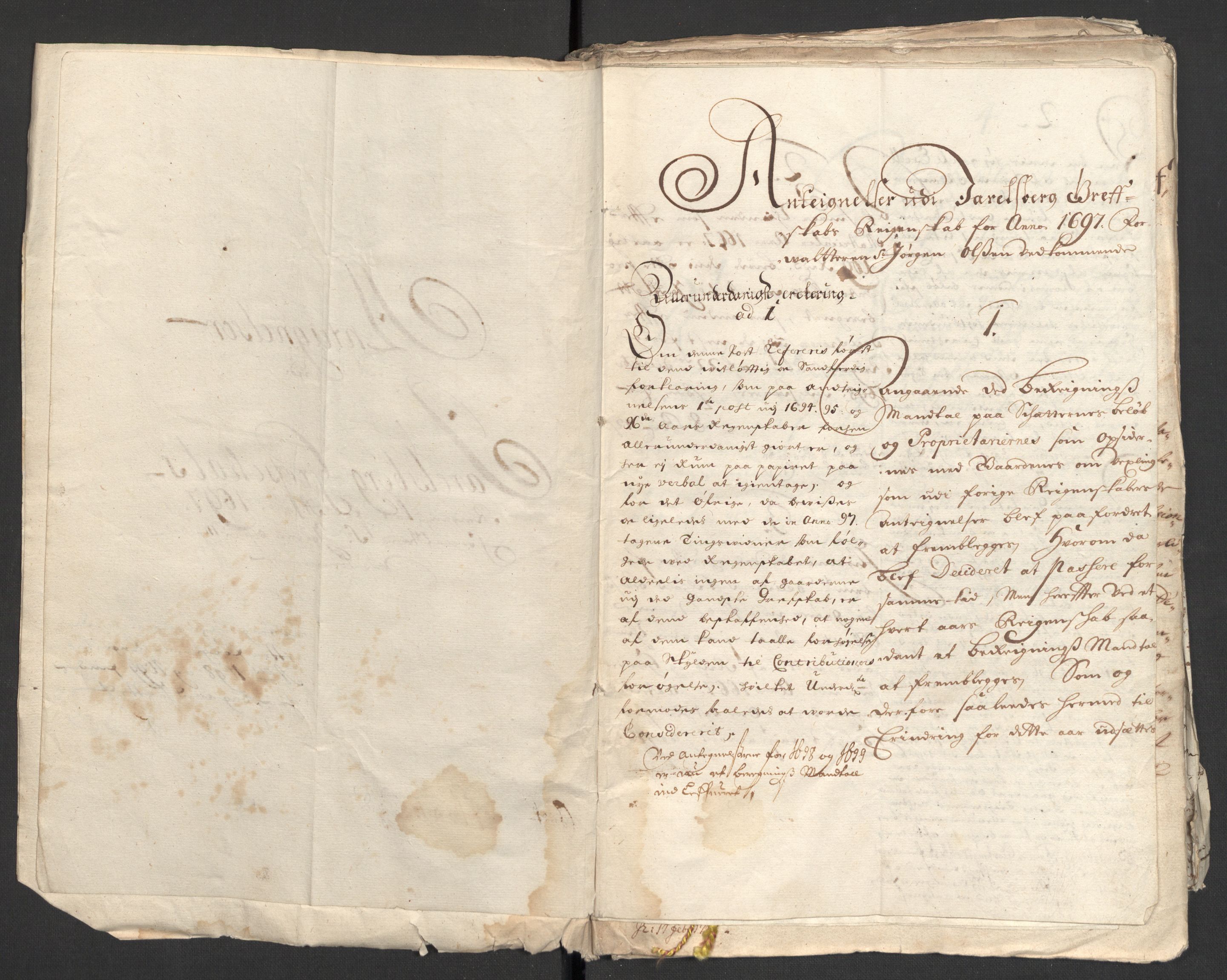 Rentekammeret inntil 1814, Reviderte regnskaper, Fogderegnskap, AV/RA-EA-4092/R32/L1868: Fogderegnskap Jarlsberg grevskap, 1697-1699, p. 377