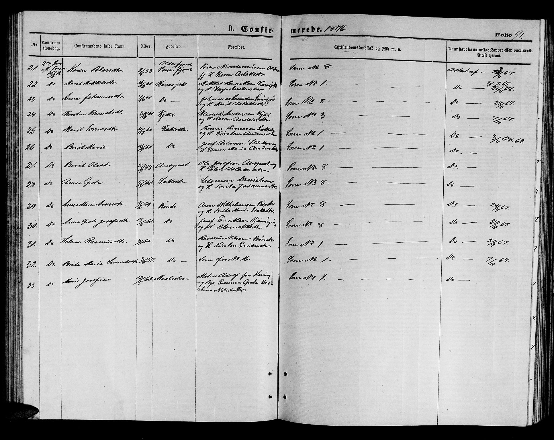 Kistrand/Porsanger sokneprestembete, AV/SATØ-S-1351/H/Hb/L0003.klokk: Parish register (copy) no. 3, 1874-1885, p. 91