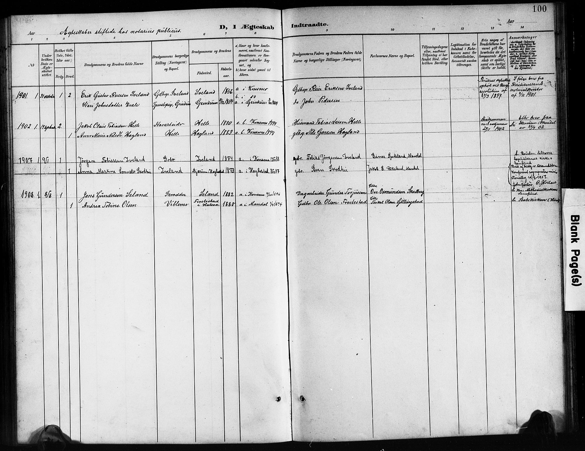 Nord-Audnedal sokneprestkontor, SAK/1111-0032/F/Fb/Fba/L0004: Parish register (copy) no. B 4, 1901-1917, p. 100