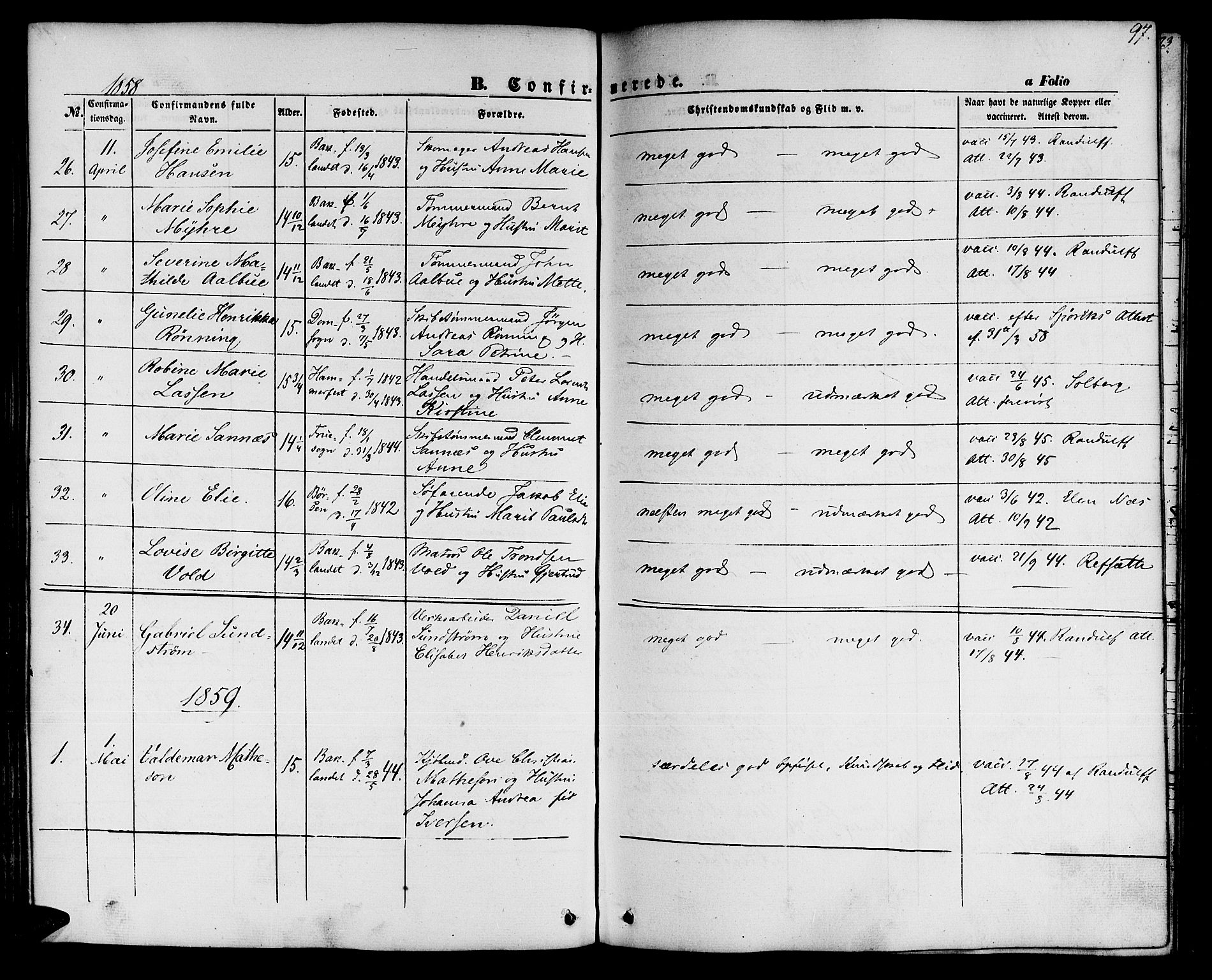 Ministerialprotokoller, klokkerbøker og fødselsregistre - Sør-Trøndelag, AV/SAT-A-1456/604/L0184: Parish register (official) no. 604A05, 1851-1860, p. 97