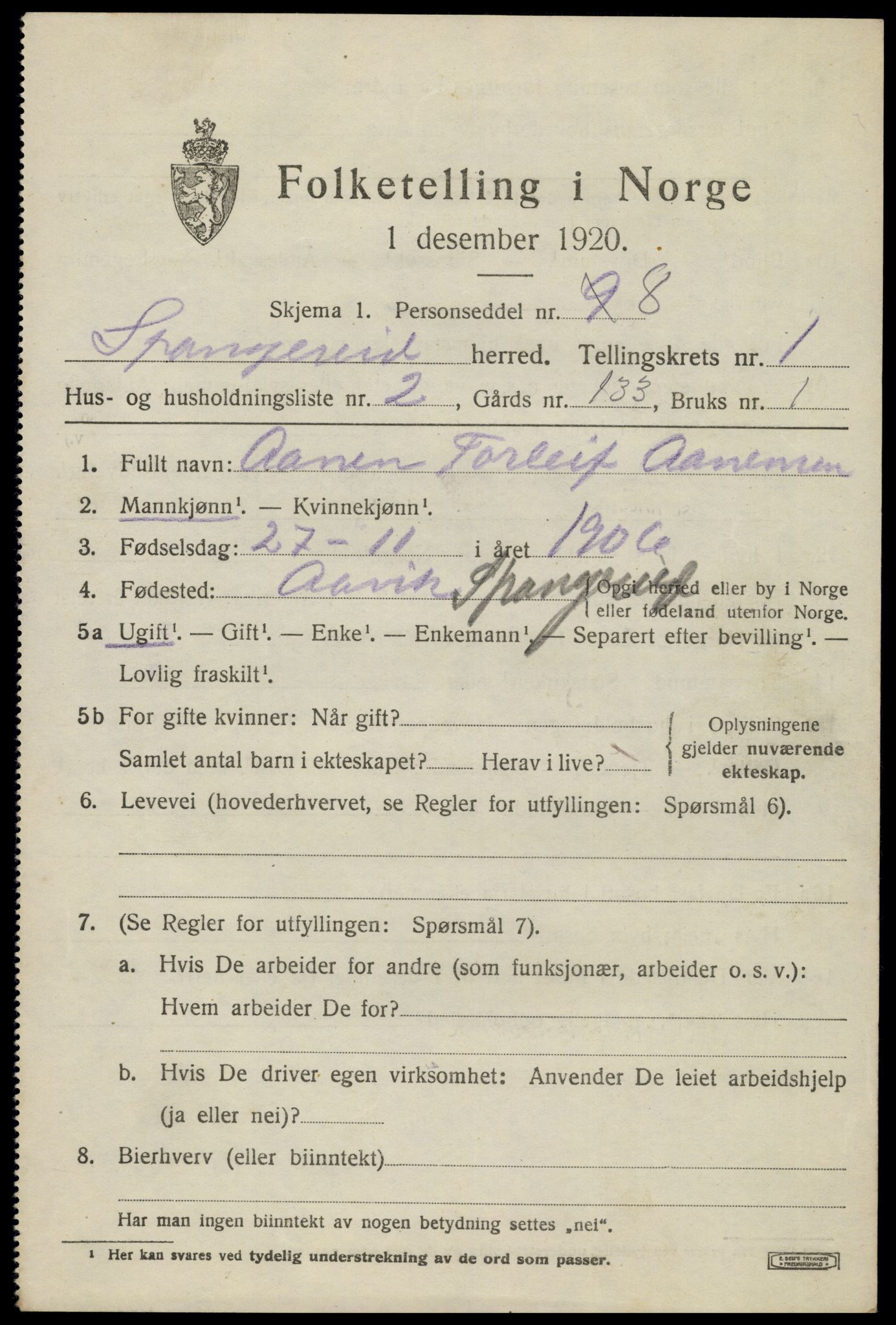 SAK, 1920 census for Spangereid, 1920, p. 849