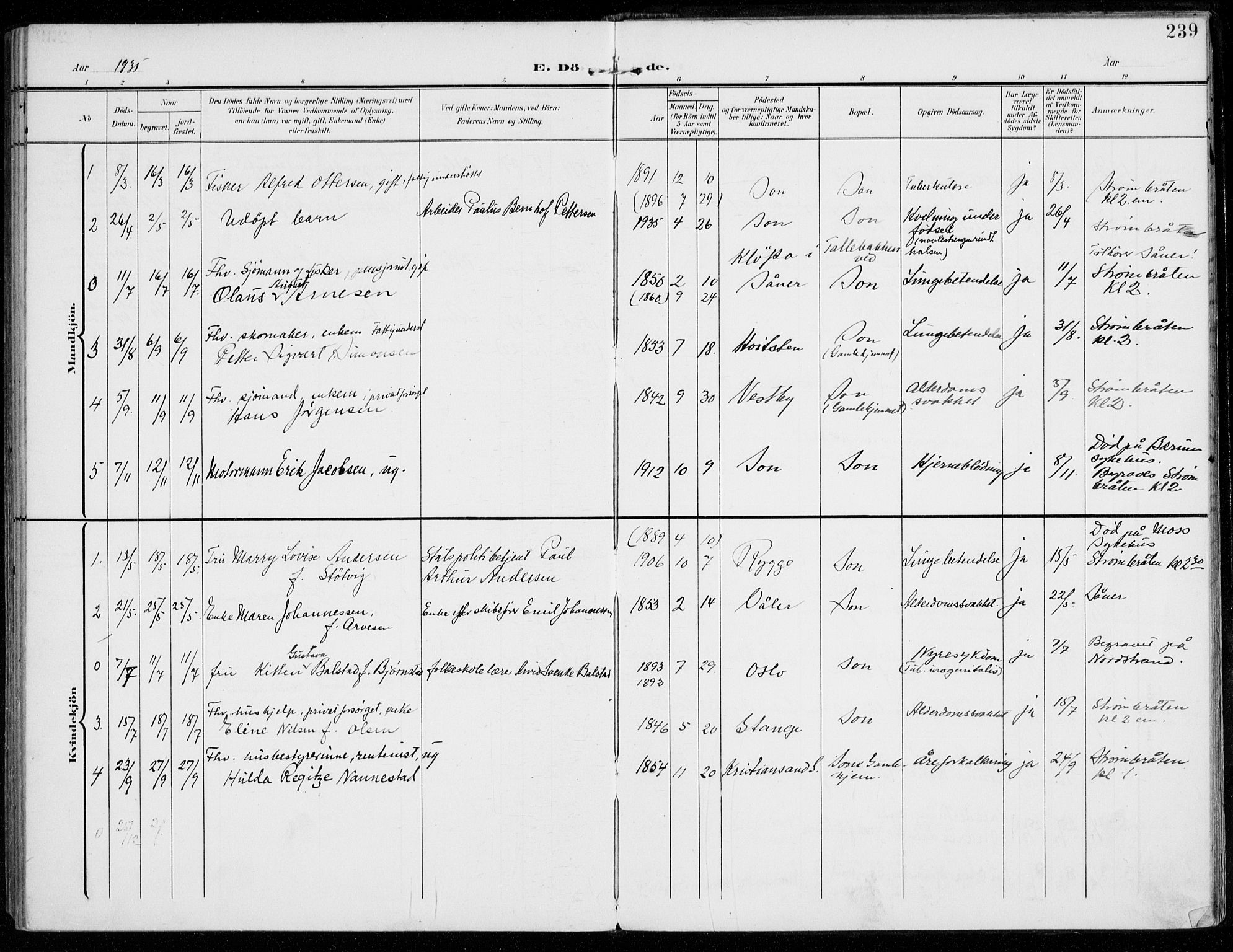 Vestby prestekontor Kirkebøker, SAO/A-10893/F/Fc/L0002: Parish register (official) no. III 2, 1906-1940, p. 239