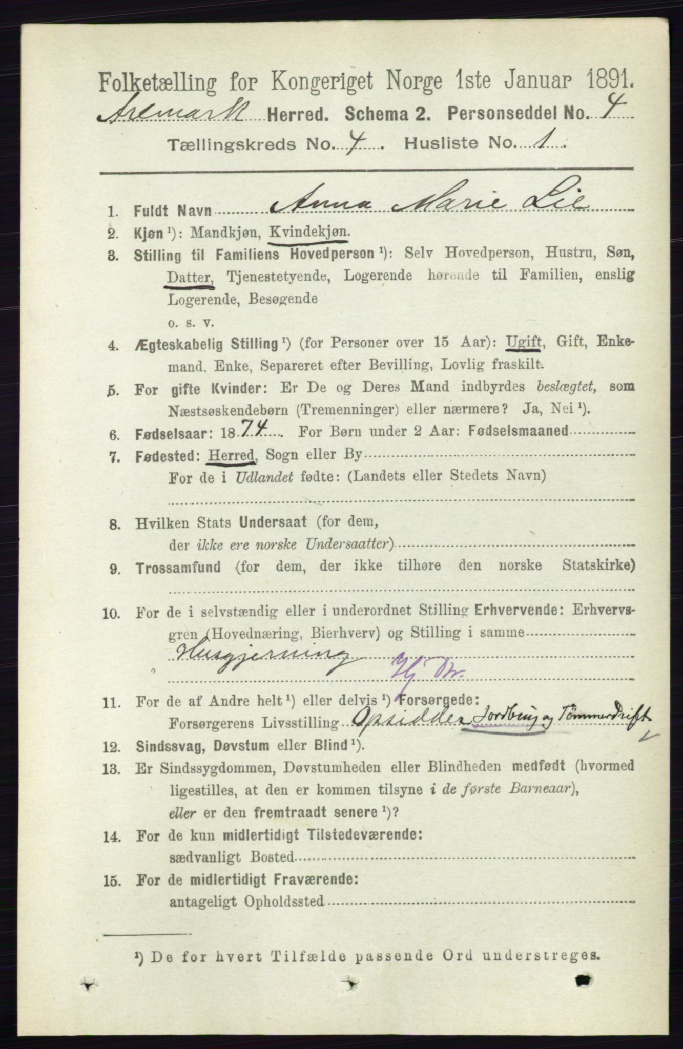 RA, 1891 census for 0118 Aremark, 1891, p. 1916