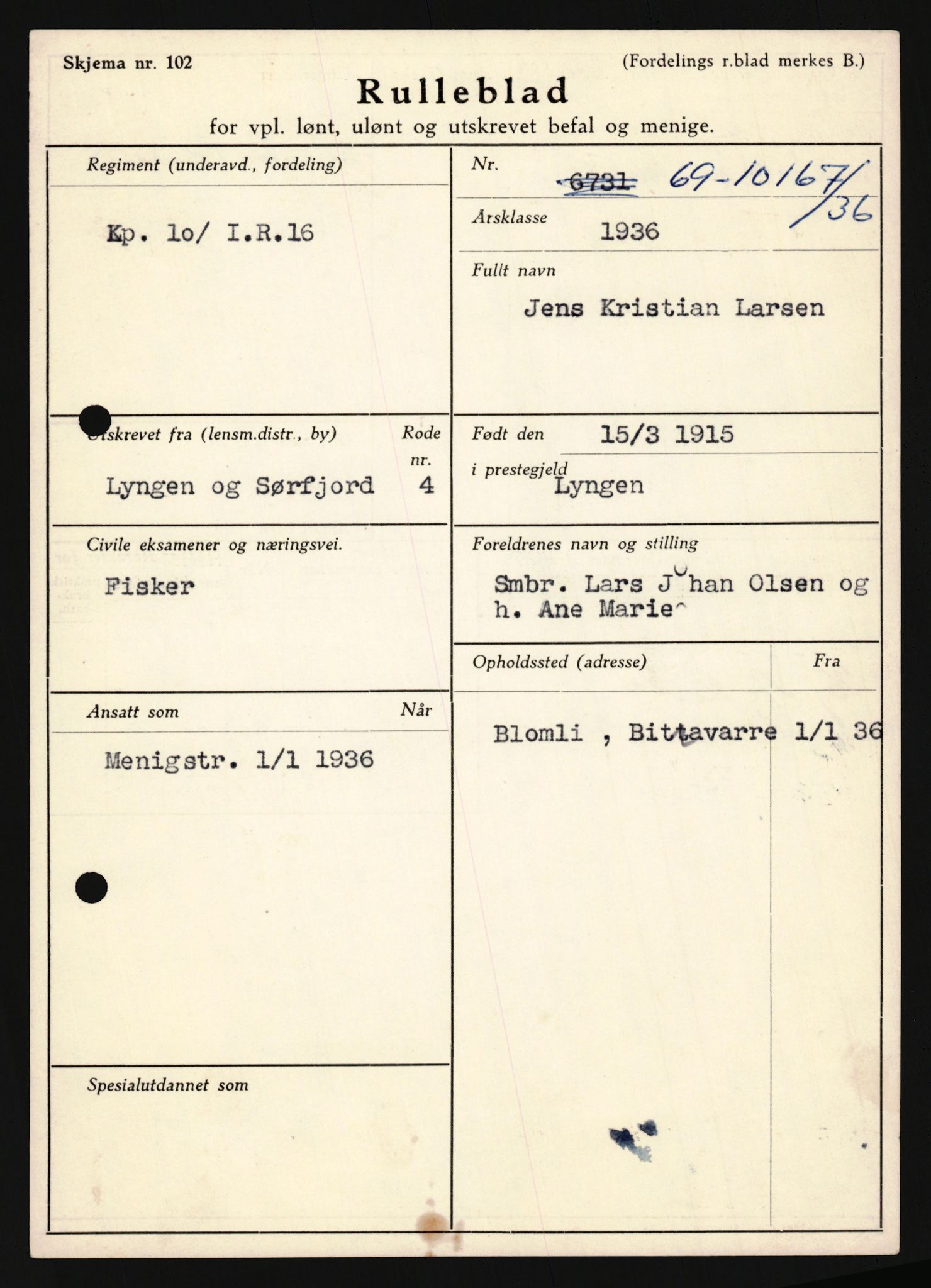 Forsvaret, Troms infanteriregiment nr. 16, AV/RA-RAFA-3146/P/Pa/L0020: Rulleblad for regimentets menige mannskaper, årsklasse 1936, 1936, p. 785