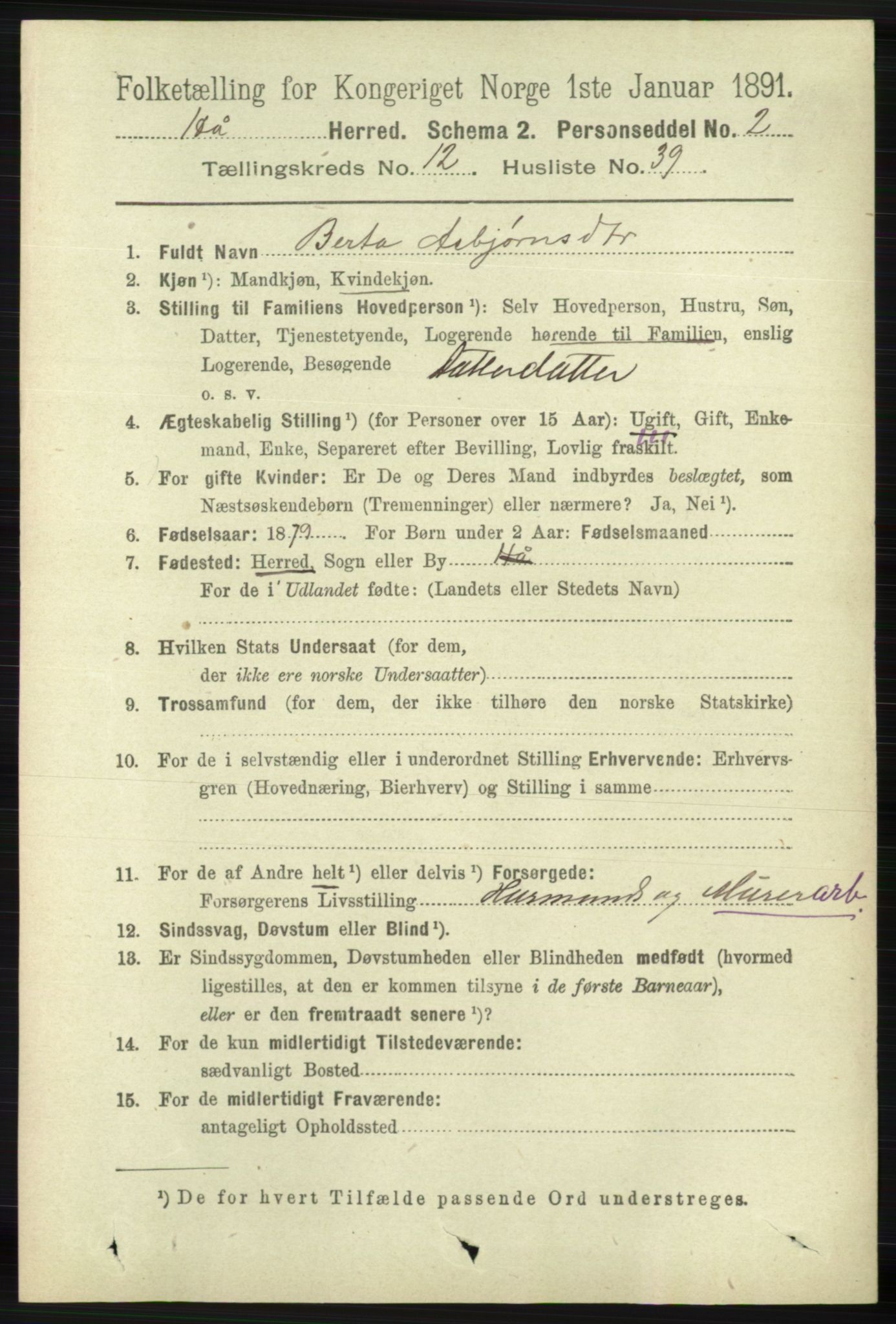 RA, 1891 census for 1119 Hå, 1891, p. 3121