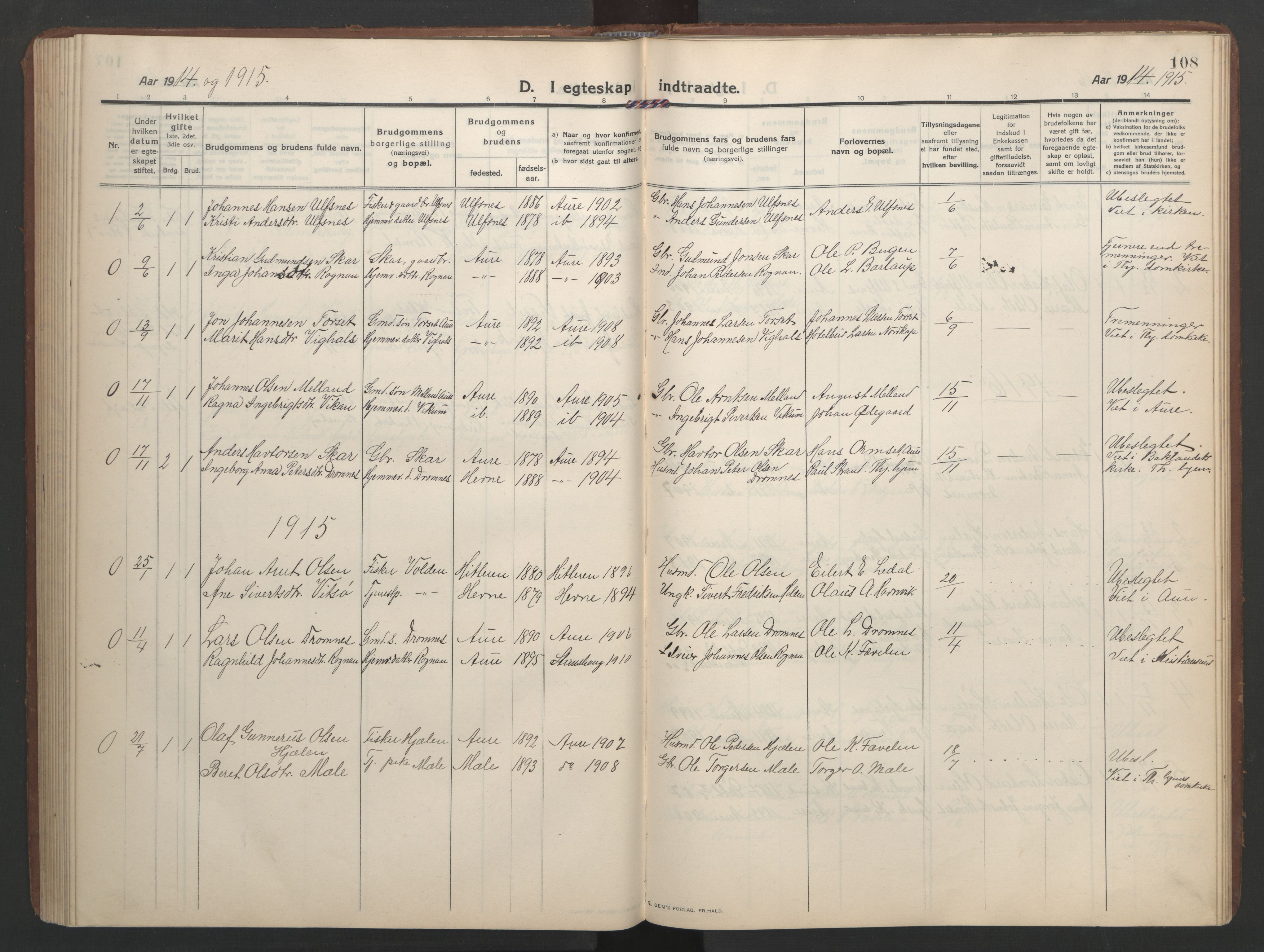 Ministerialprotokoller, klokkerbøker og fødselsregistre - Møre og Romsdal, AV/SAT-A-1454/579/L0919: Parish register (copy) no. 579C01, 1909-1957, p. 108