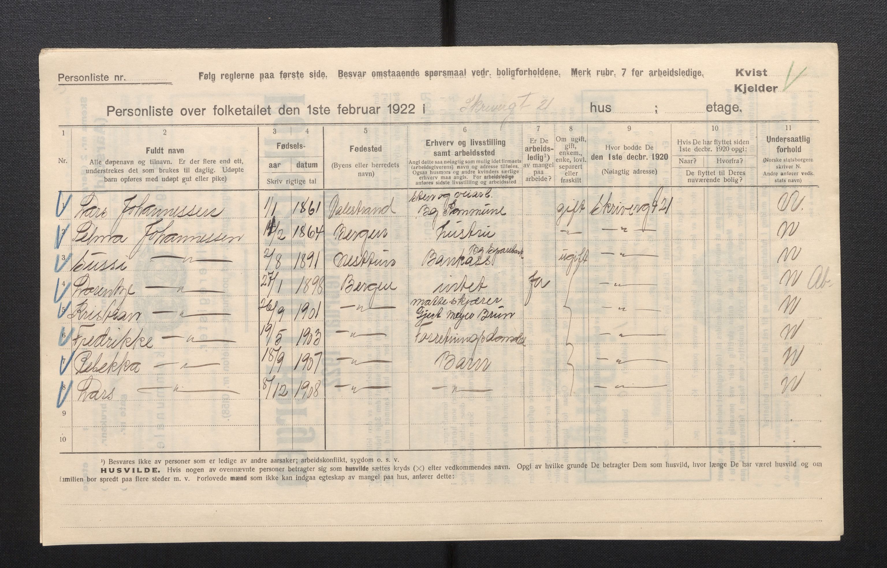 SAB, Municipal Census 1922 for Bergen, 1922, p. 57148