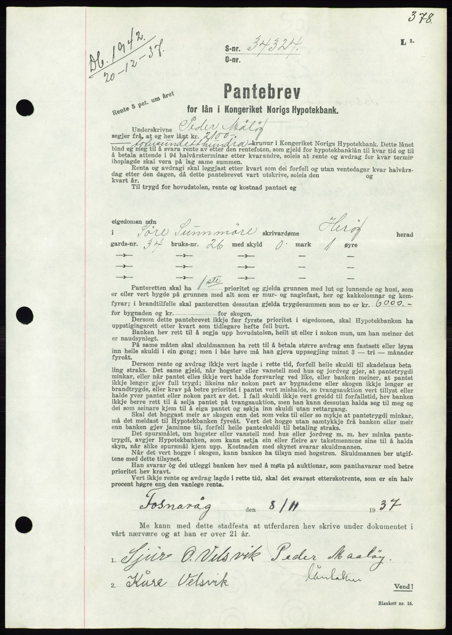 Søre Sunnmøre sorenskriveri, AV/SAT-A-4122/1/2/2C/L0064: Mortgage book no. 58, 1937-1938, Diary no: : 1942/1937