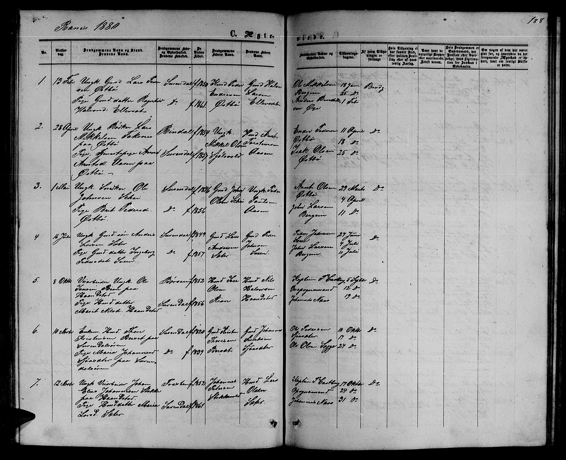 Ministerialprotokoller, klokkerbøker og fødselsregistre - Møre og Romsdal, SAT/A-1454/595/L1051: Parish register (copy) no. 595C03, 1866-1891, p. 188