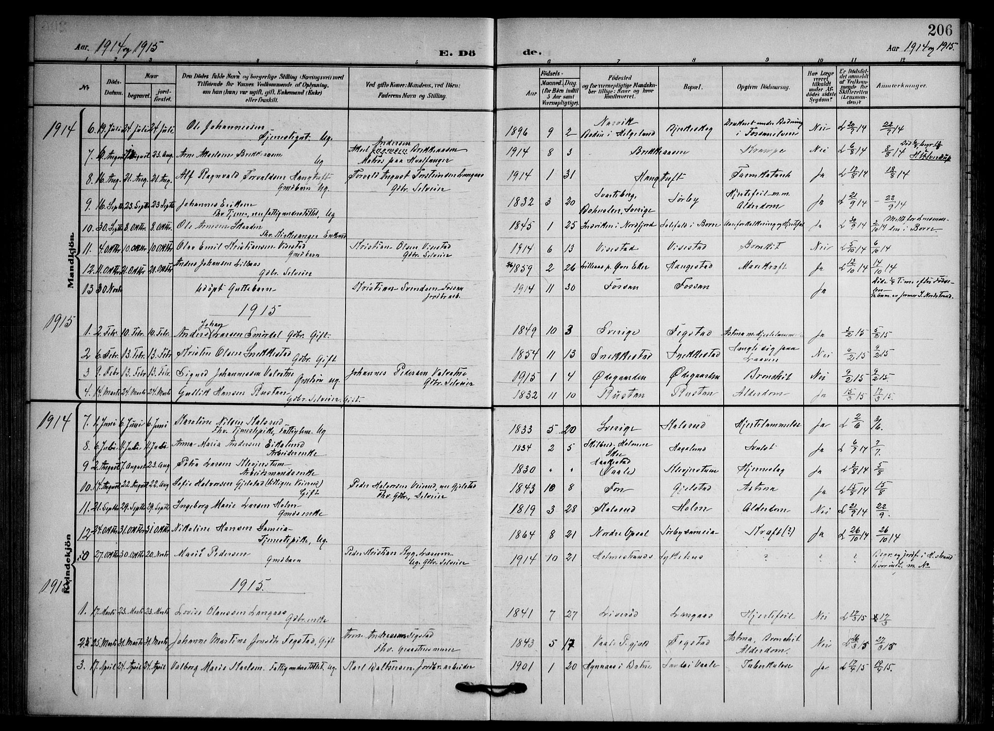 Våle kirkebøker, AV/SAKO-A-334/F/Fa/L0012: Parish register (official) no. I 12, 1907-1934, p. 206