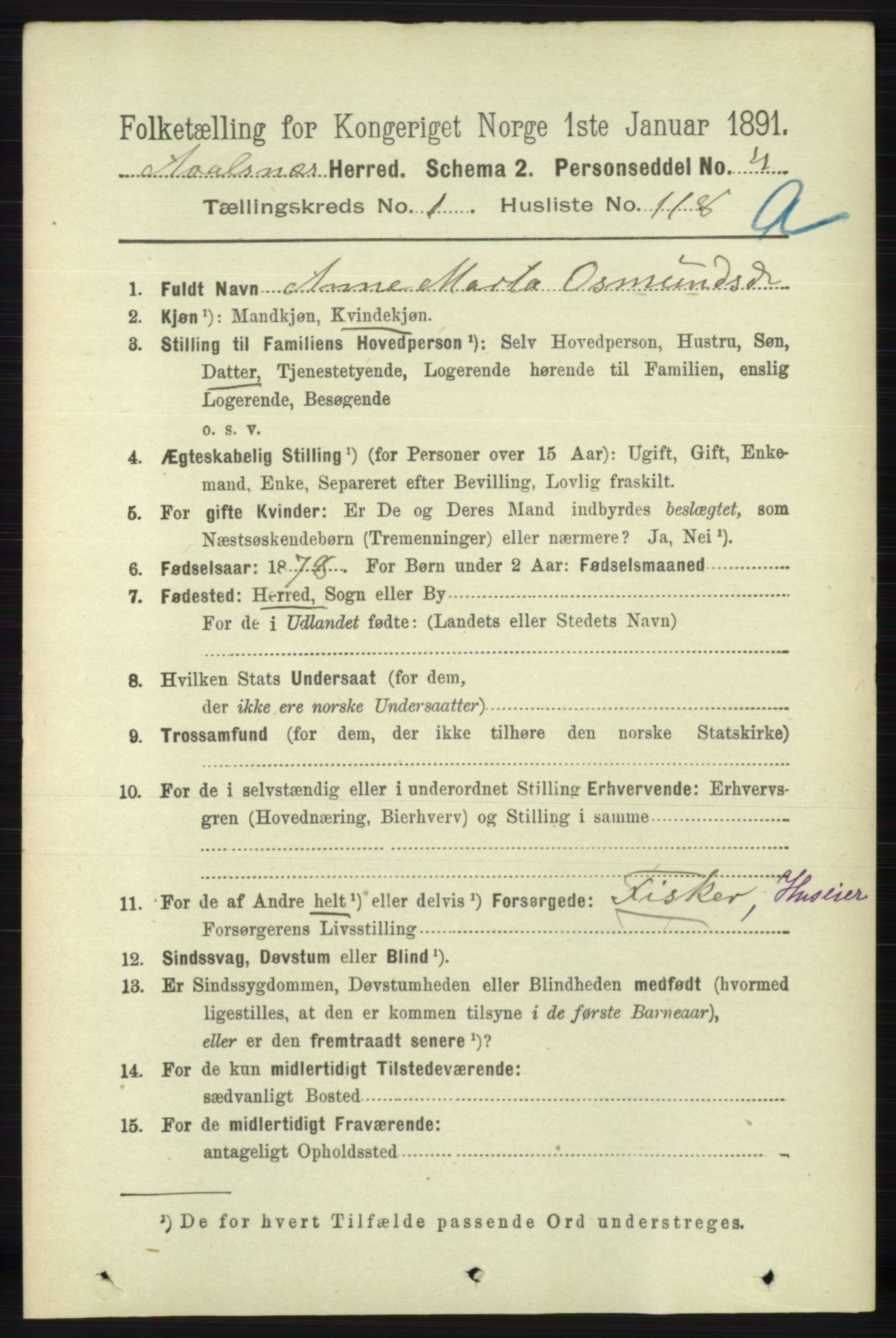 RA, 1891 census for 1147 Avaldsnes, 1891, p. 789