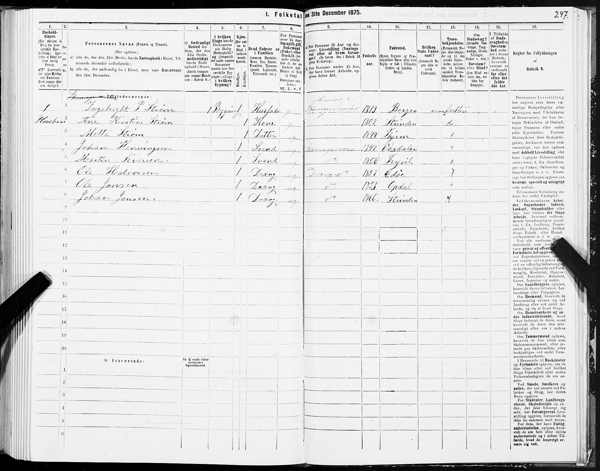 SAT, 1875 census for 1601 Trondheim, 1875, p. 1247