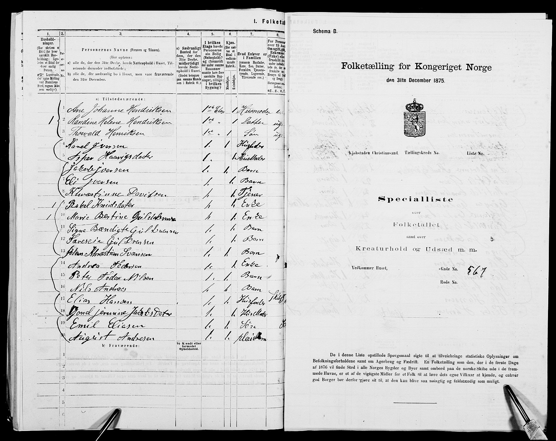 SAK, 1875 census for 1001P Kristiansand, 1875, p. 2119