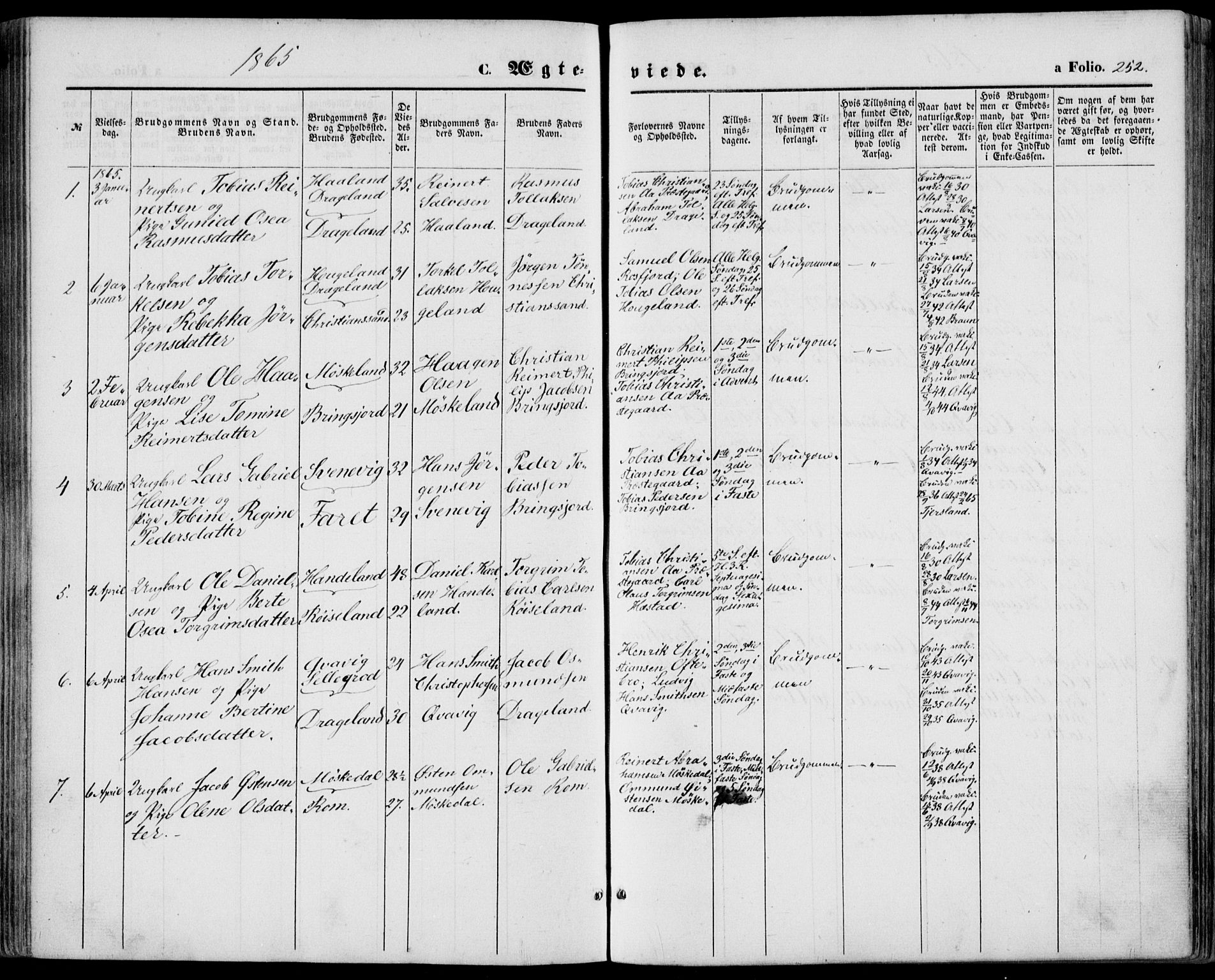 Lyngdal sokneprestkontor, SAK/1111-0029/F/Fa/Fac/L0010: Parish register (official) no. A 10, 1865-1878, p. 252