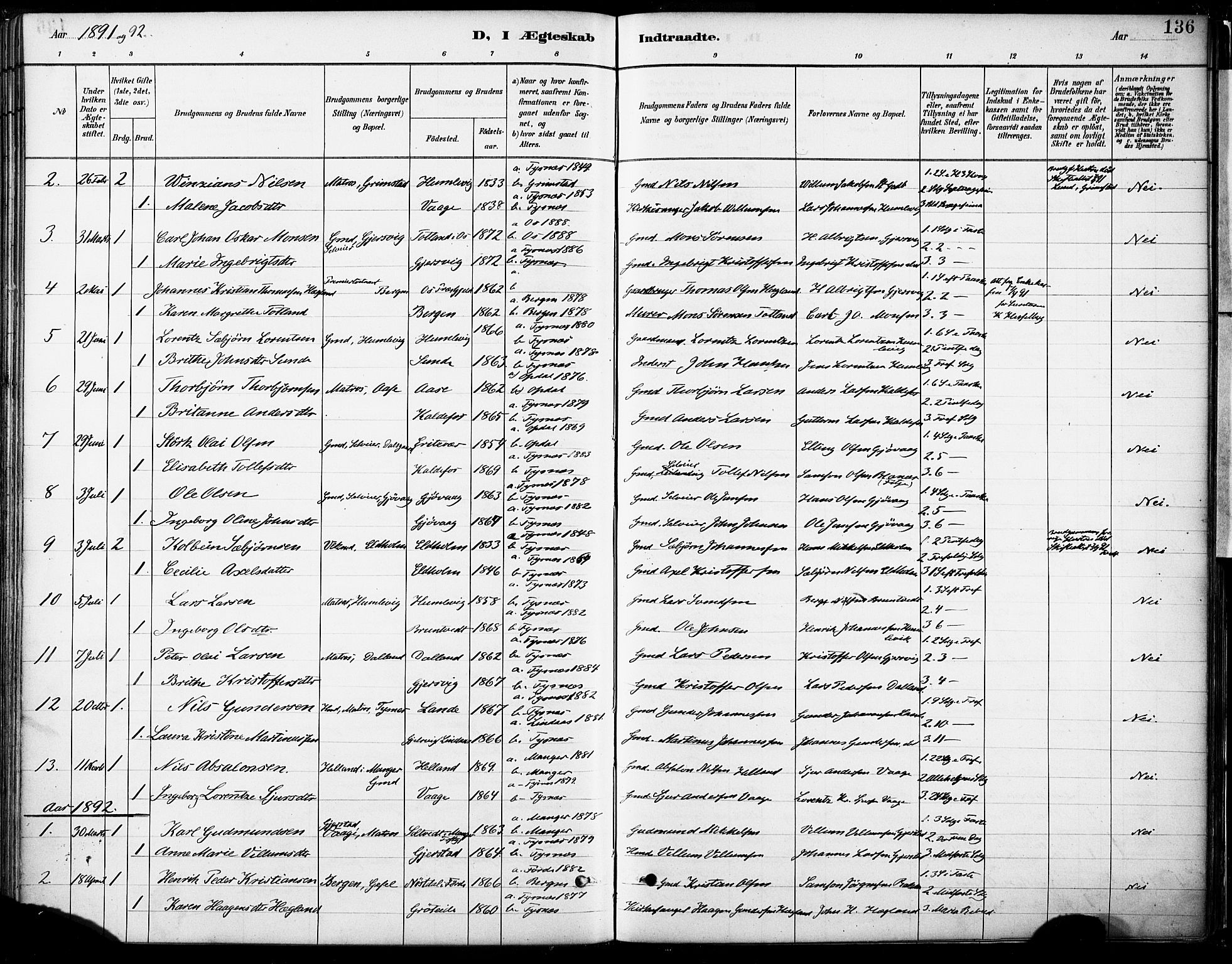 Tysnes sokneprestembete, SAB/A-78601/H/Haa: Parish register (official) no. B 1, 1887-1906, p. 136
