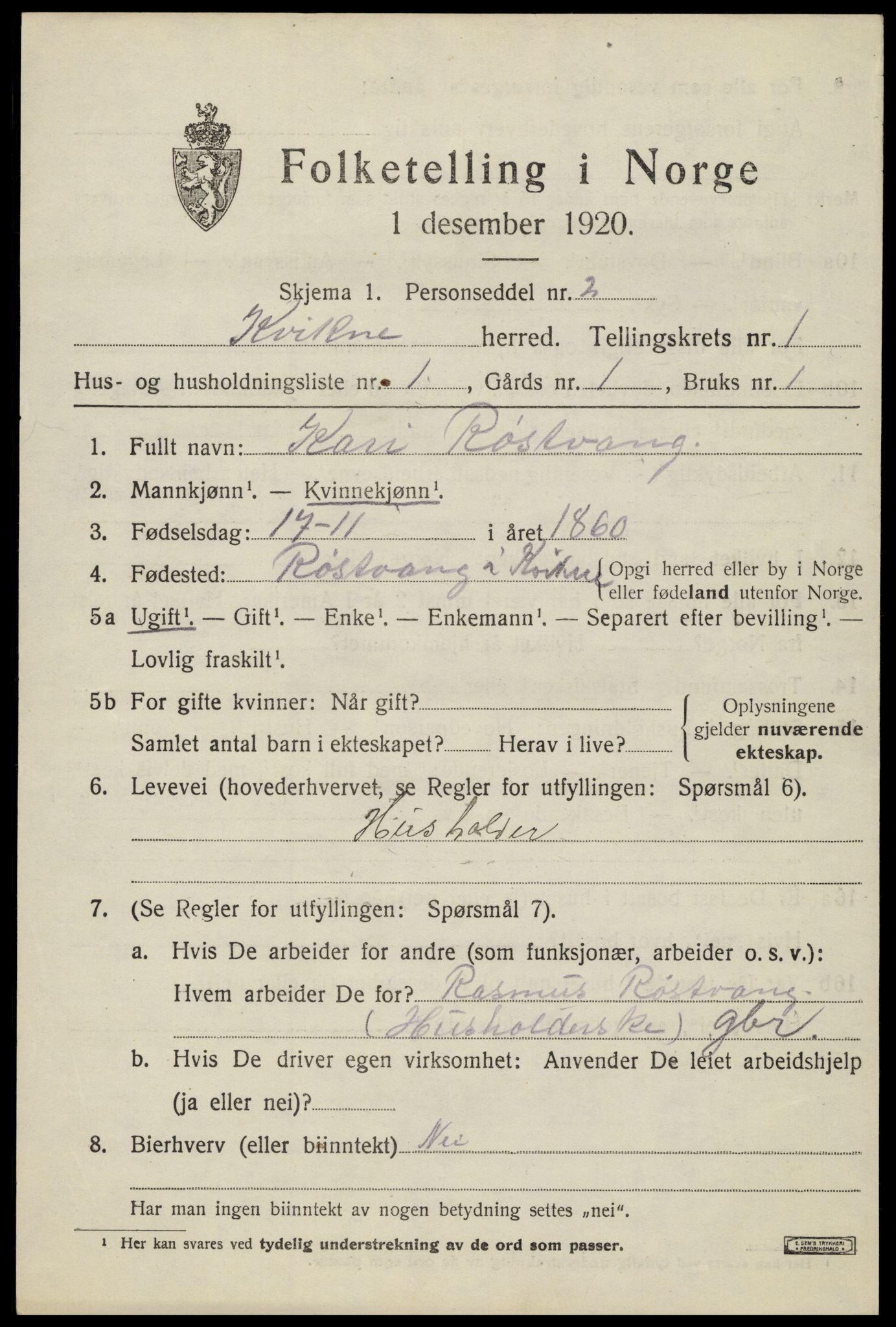 SAH, 1920 census for Kvikne, 1920, p. 586