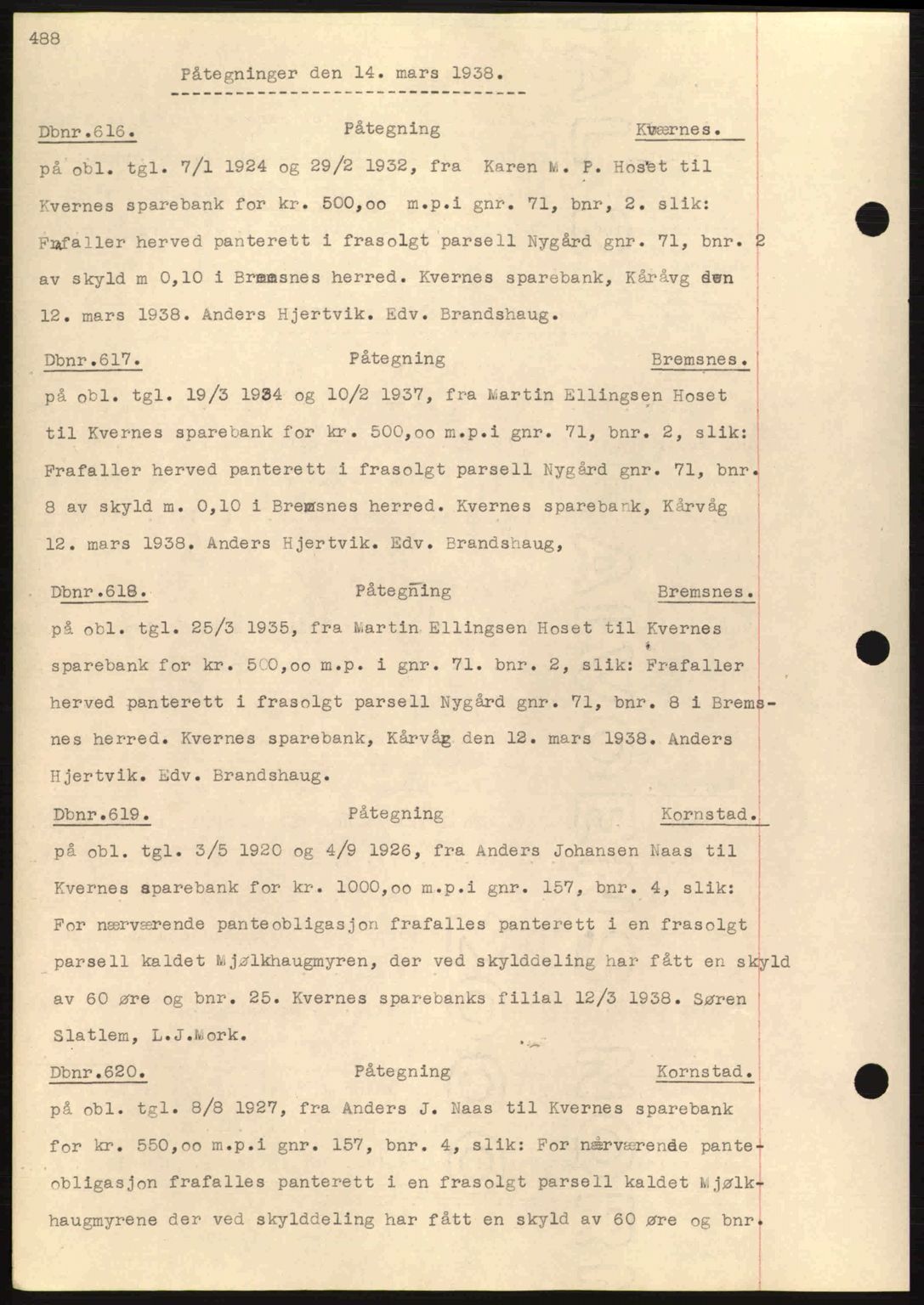 Nordmøre sorenskriveri, AV/SAT-A-4132/1/2/2Ca: Mortgage book no. C80, 1936-1939, Diary no: : 616/1938