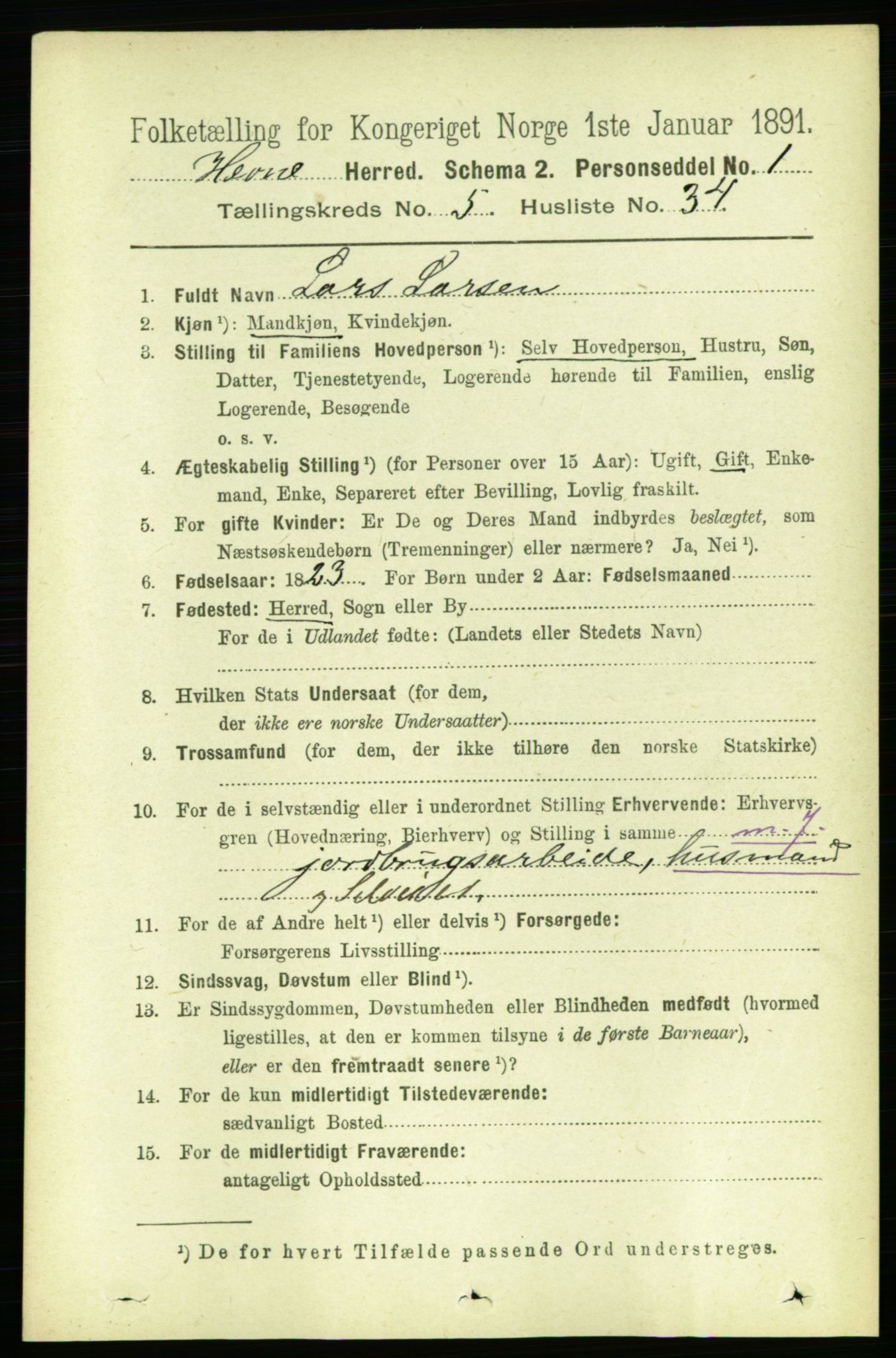 RA, 1891 census for 1612 Hemne, 1891, p. 2675