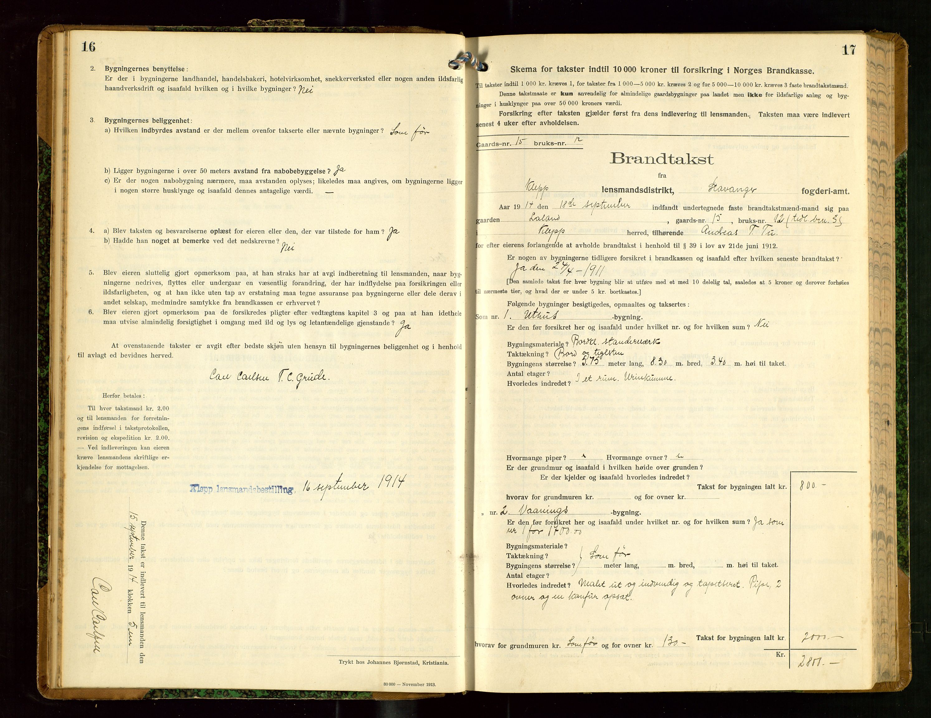 Klepp lensmannskontor, SAST/A-100163/Goc/L0008: "Brandtakstprotokol" m/register, 1914-1917, p. 16-17