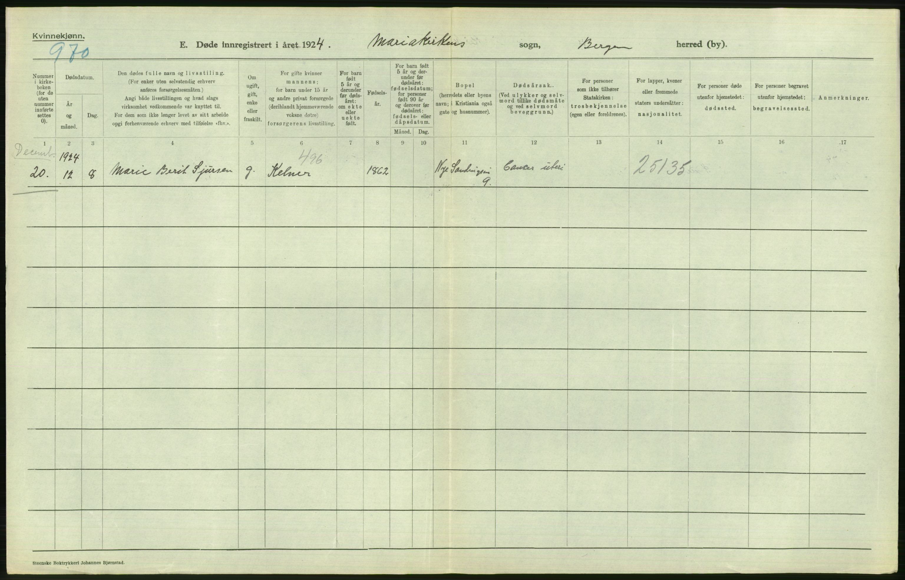 Statistisk sentralbyrå, Sosiodemografiske emner, Befolkning, AV/RA-S-2228/D/Df/Dfc/Dfcd/L0028: Bergen: Gifte, døde., 1924, p. 764