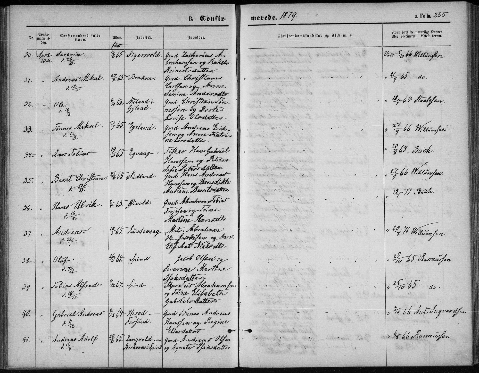 Lista sokneprestkontor, SAK/1111-0027/F/Fb/L0004: Parish register (copy) no. B 4, 1877-1891, p. 235