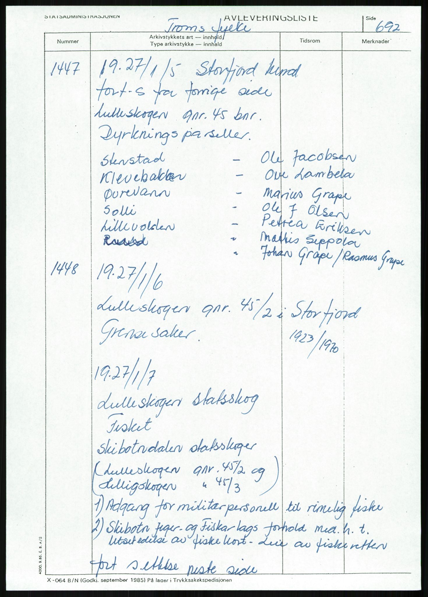 Direktoratet for statens skoger, AV/RA-S-1600/2/E/Eg/L0003: Arkivliste for 10.11-serien. Nord-Trøndelag til Finnmark fylke. Mappenr. 926 - 1505, 1957-1992, p. 503