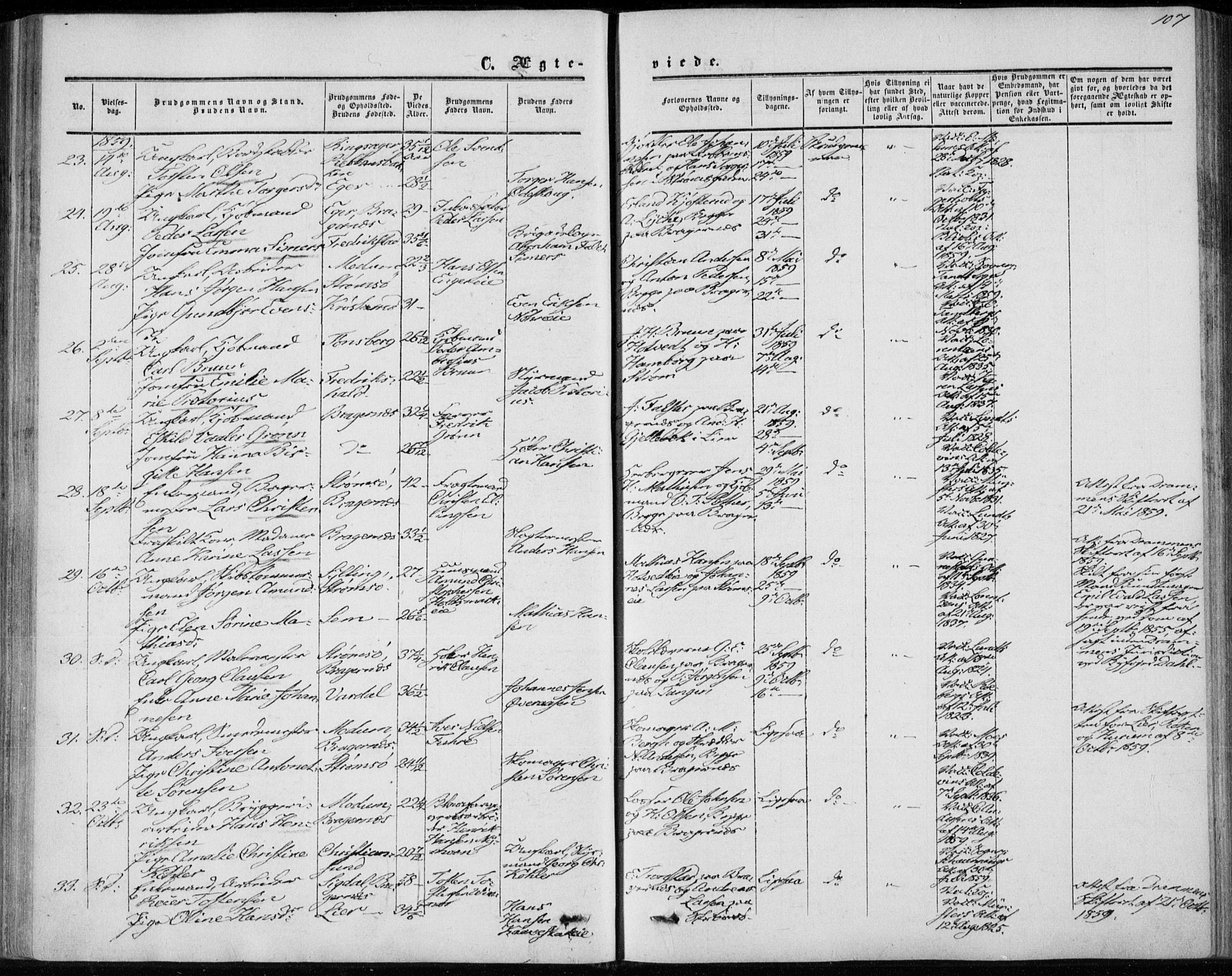 Bragernes kirkebøker, AV/SAKO-A-6/F/Fc/L0002: Parish register (official) no. III 2, 1854-1865, p. 107