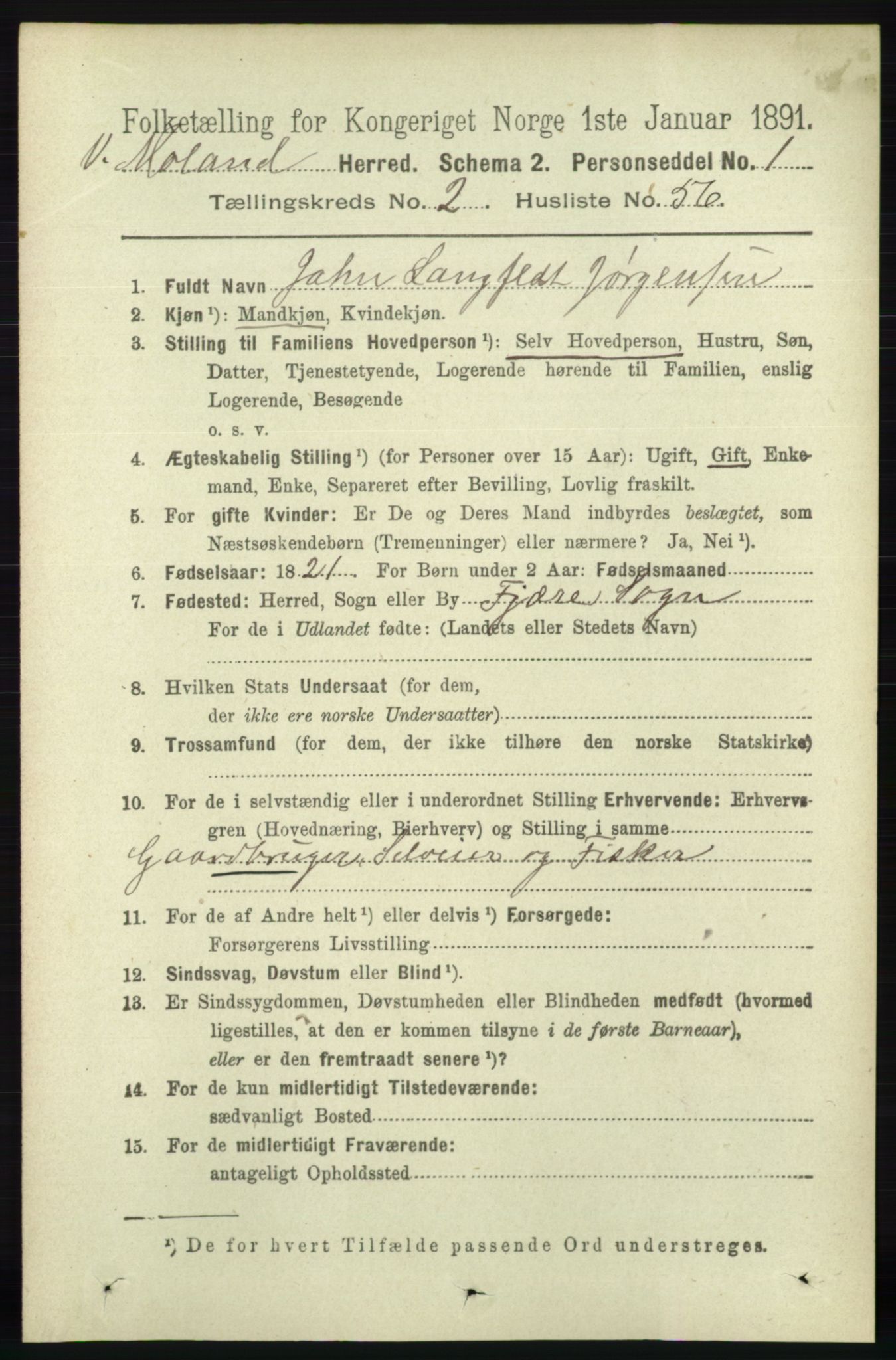 RA, 1891 census for 0926 Vestre Moland, 1891, p. 912