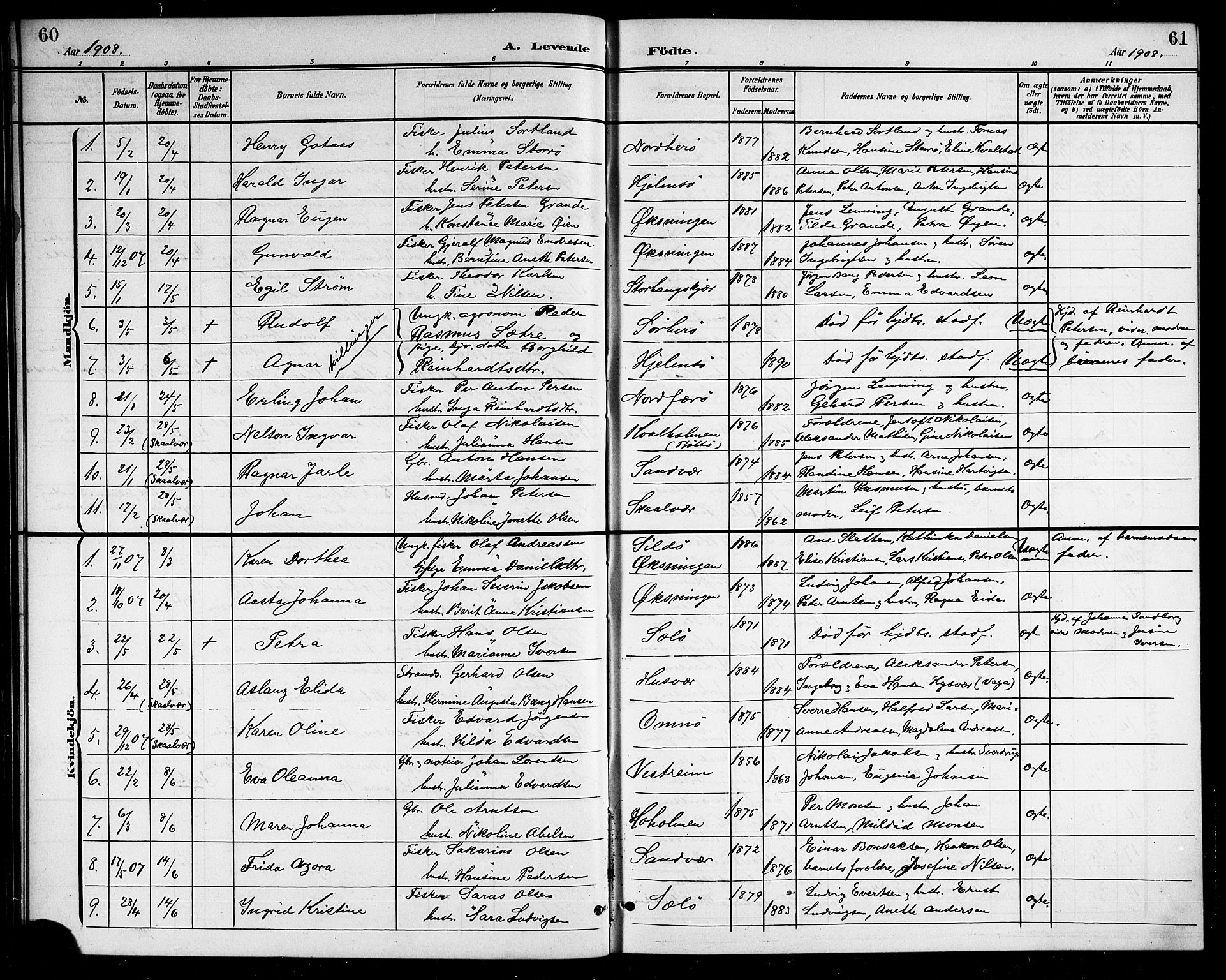 Ministerialprotokoller, klokkerbøker og fødselsregistre - Nordland, SAT/A-1459/834/L0516: Parish register (copy) no. 834C06, 1902-1918, p. 60-61