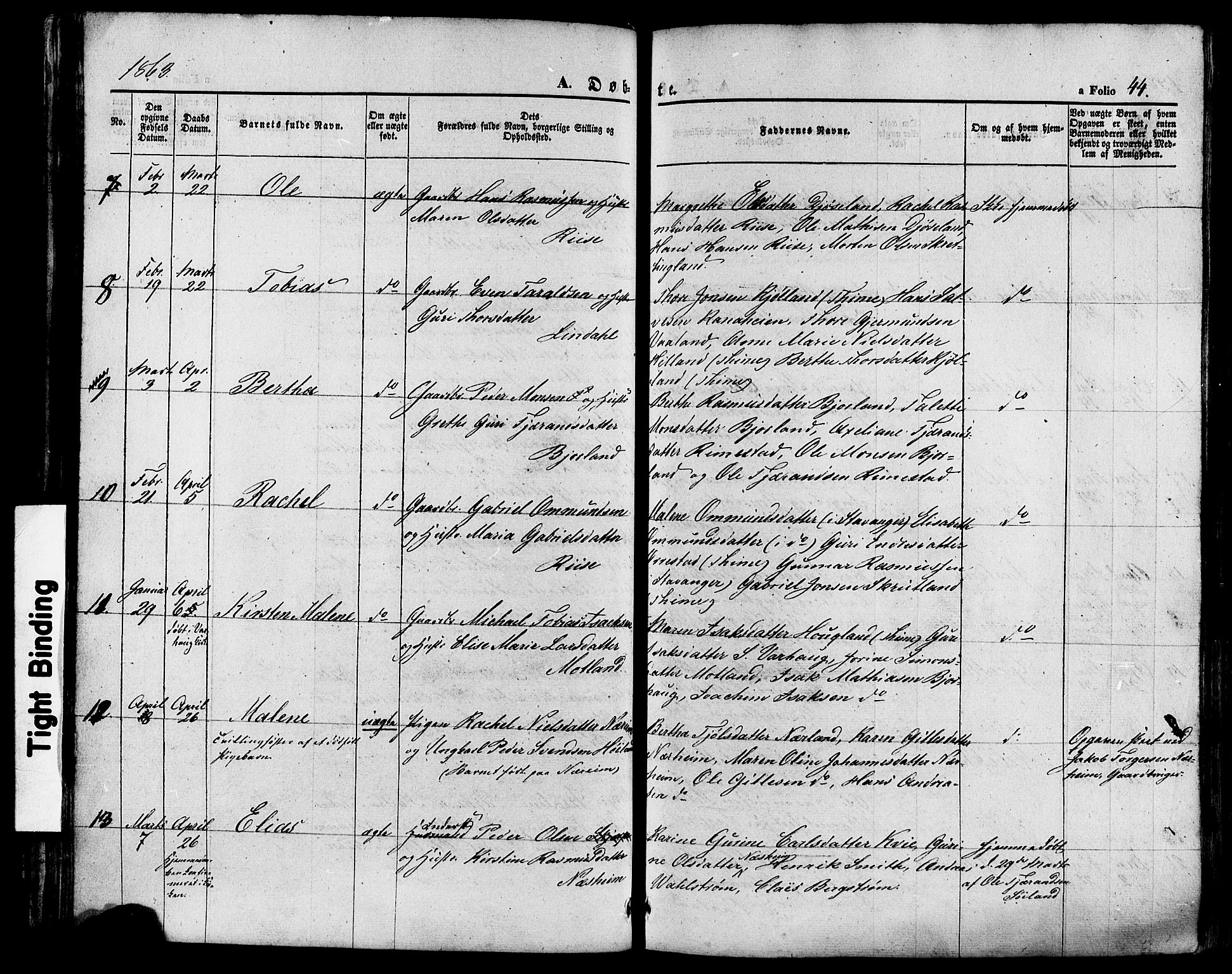 Hå sokneprestkontor, AV/SAST-A-101801/001/30BA/L0008: Parish register (official) no. A 7, 1853-1878, p. 44