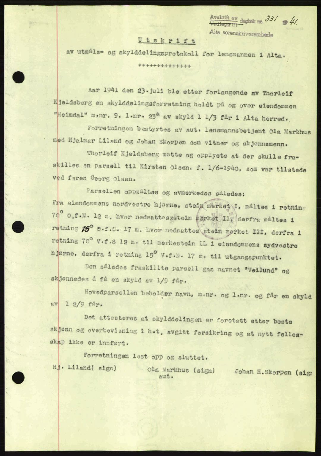 Alta fogderi/sorenskriveri, SATØ/SATØ-5/1/K/Kd/L0033pantebok: Mortgage book no. 33, 1940-1943, Diary no: : 331/1941